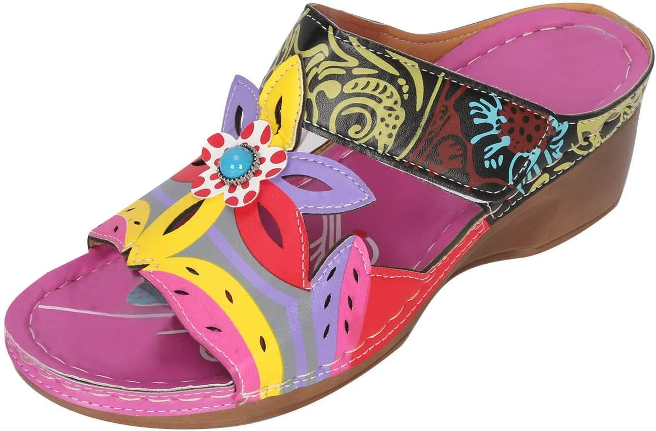 oiangi Womens Sandals 2023 Summer Wedge Orthopedic Sandals with Arch Support Comfy Slip on Flower Hollow Peep Toe Platform Slippers Boho Beach Shoes