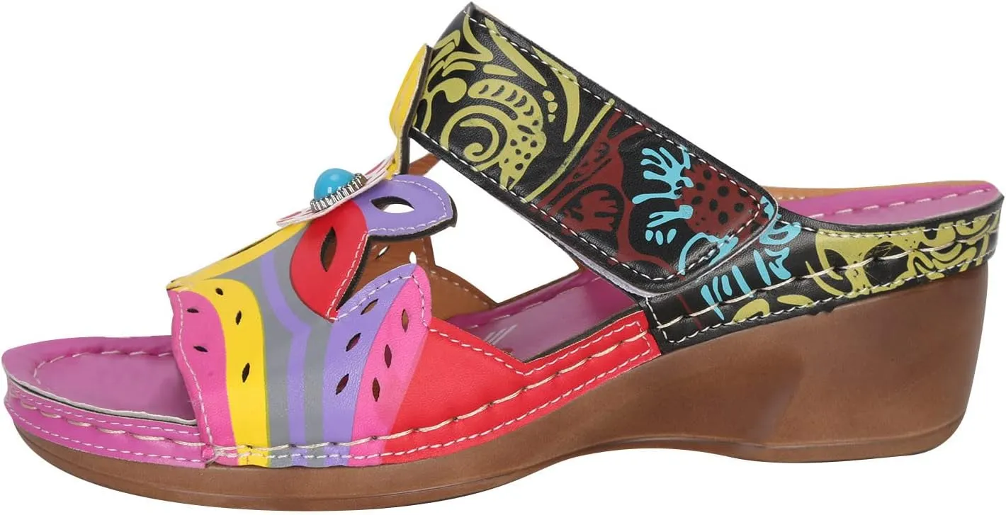 oiangi Womens Sandals 2023 Summer Wedge Orthopedic Sandals with Arch Support Comfy Slip on Flower Hollow Peep Toe Platform Slippers Boho Beach Shoes