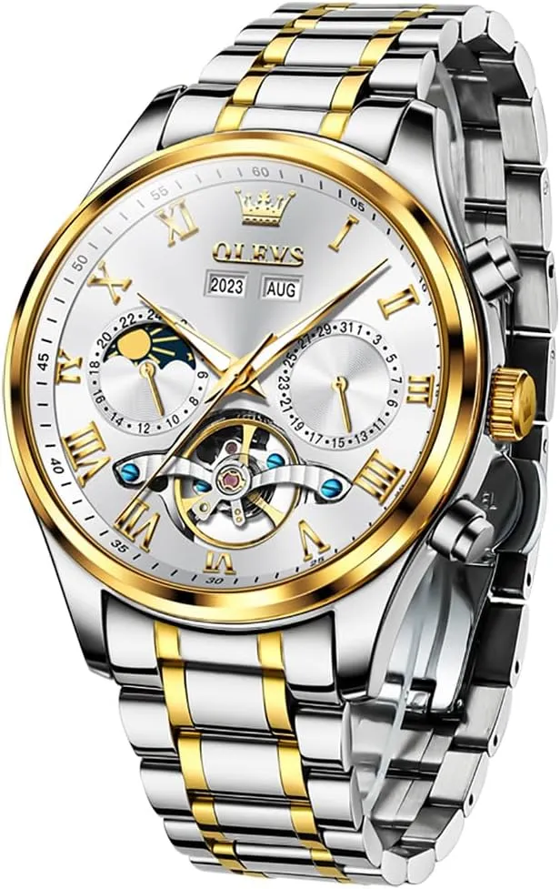 OLEVS Automatic Men Watch Self Winding Mechanical Moon Phase Business Luxury Diamond Dress Stainless Steel Waterproof Luminous Mens Wrist Watch