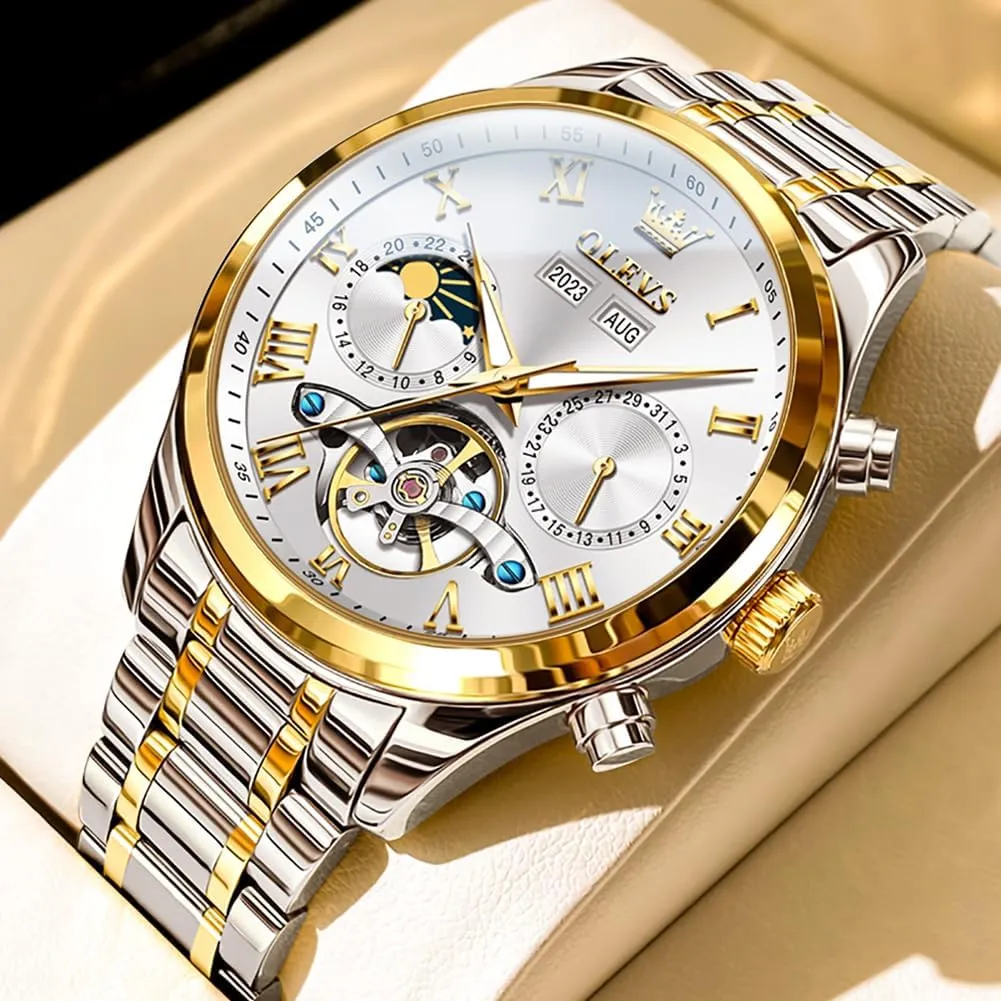 OLEVS Automatic Men Watch Self Winding Mechanical Moon Phase Business Luxury Diamond Dress Stainless Steel Waterproof Luminous Mens Wrist Watch