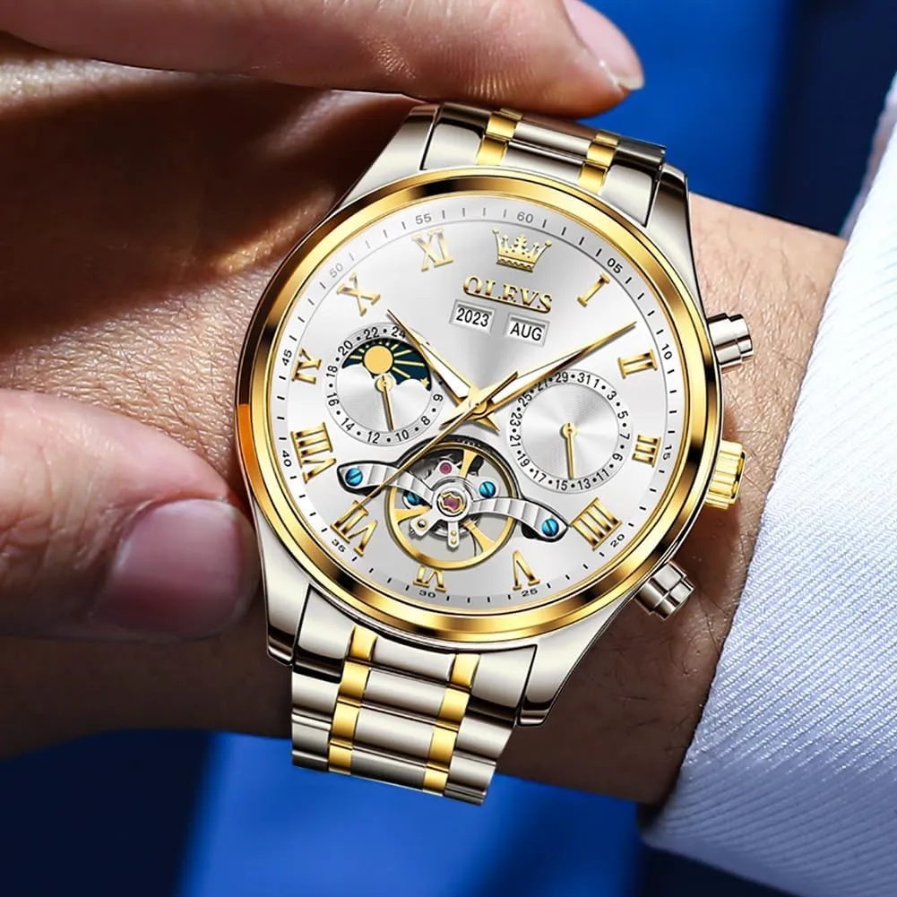 OLEVS Automatic Men Watch Self Winding Mechanical Moon Phase Business Luxury Diamond Dress Stainless Steel Waterproof Luminous Mens Wrist Watch