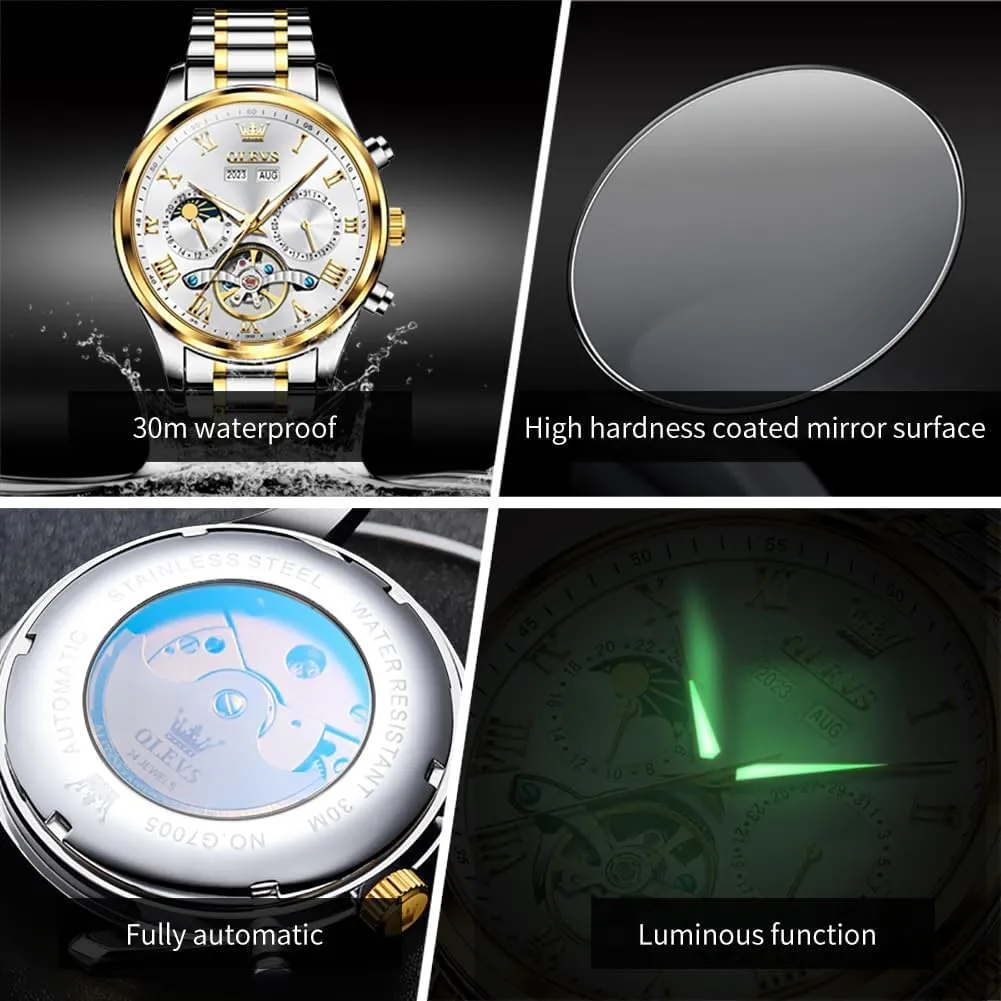 OLEVS Automatic Men Watch Self Winding Mechanical Moon Phase Business Luxury Diamond Dress Stainless Steel Waterproof Luminous Mens Wrist Watch