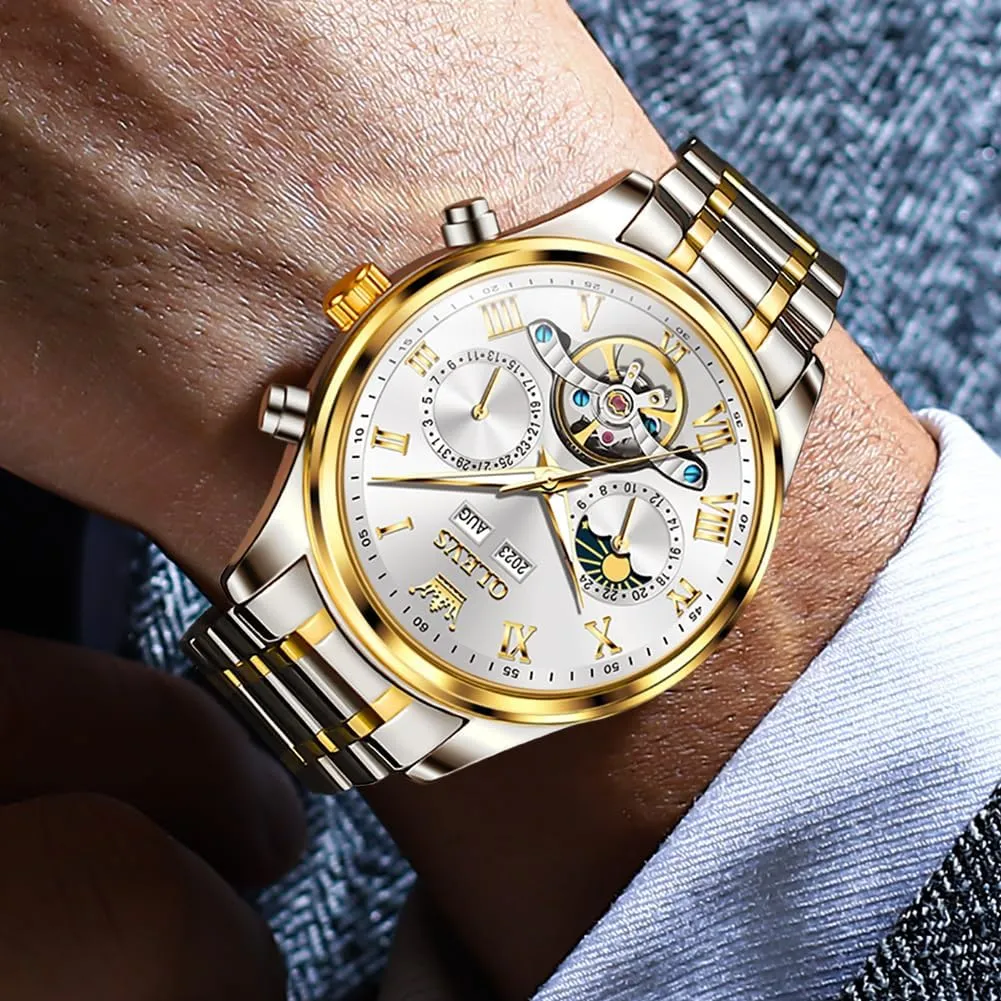 OLEVS Automatic Men Watch Self Winding Mechanical Moon Phase Business Luxury Diamond Dress Stainless Steel Waterproof Luminous Mens Wrist Watch