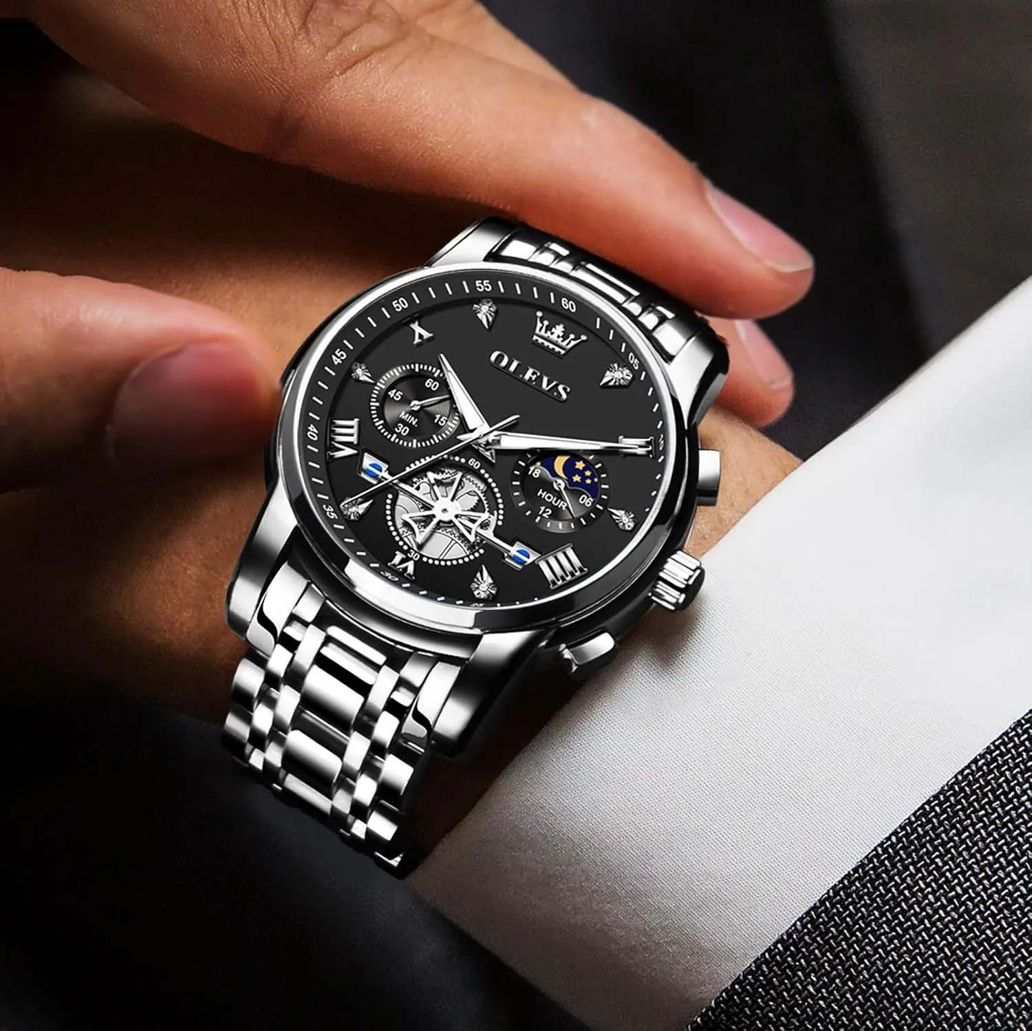OLEVS Men's Stainless Steel Chronograph Watch, Large Face Easy to Read Roman Numerals Diamond Accented Analog Dress Watches for Men, Elegant Waterproof Luminous Male Quartz Wristwatch