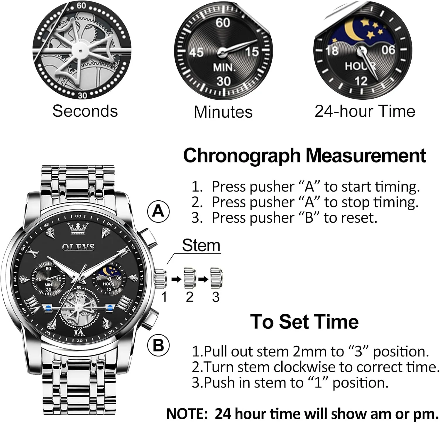 OLEVS Men's Stainless Steel Chronograph Watch, Large Face Easy to Read Roman Numerals Diamond Accented Analog Dress Watches for Men, Elegant Waterproof Luminous Male Quartz Wristwatch
