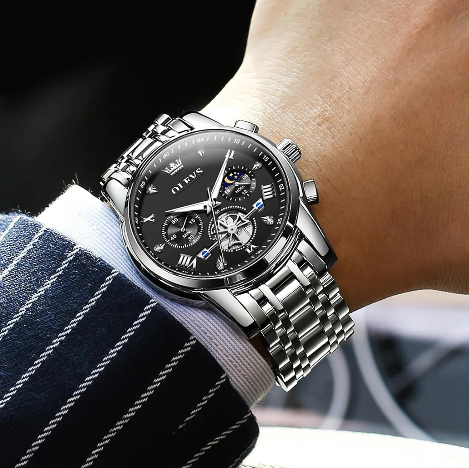 OLEVS Men's Stainless Steel Chronograph Watch, Large Face Easy to Read Roman Numerals Diamond Accented Analog Dress Watches for Men, Elegant Waterproof Luminous Male Quartz Wristwatch