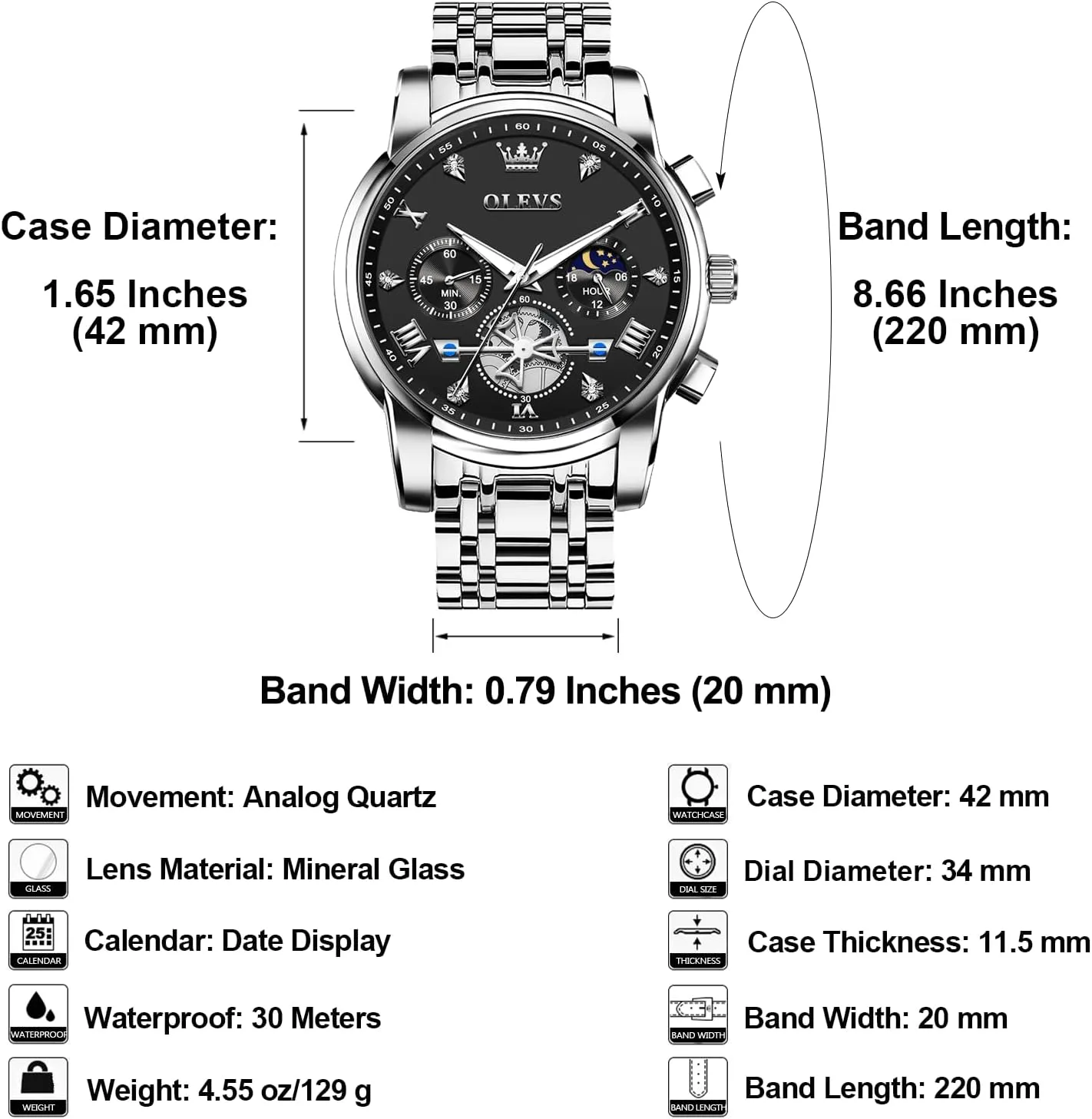 OLEVS Men's Stainless Steel Chronograph Watch, Large Face Easy to Read Roman Numerals Diamond Accented Analog Dress Watches for Men, Elegant Waterproof Luminous Male Quartz Wristwatch