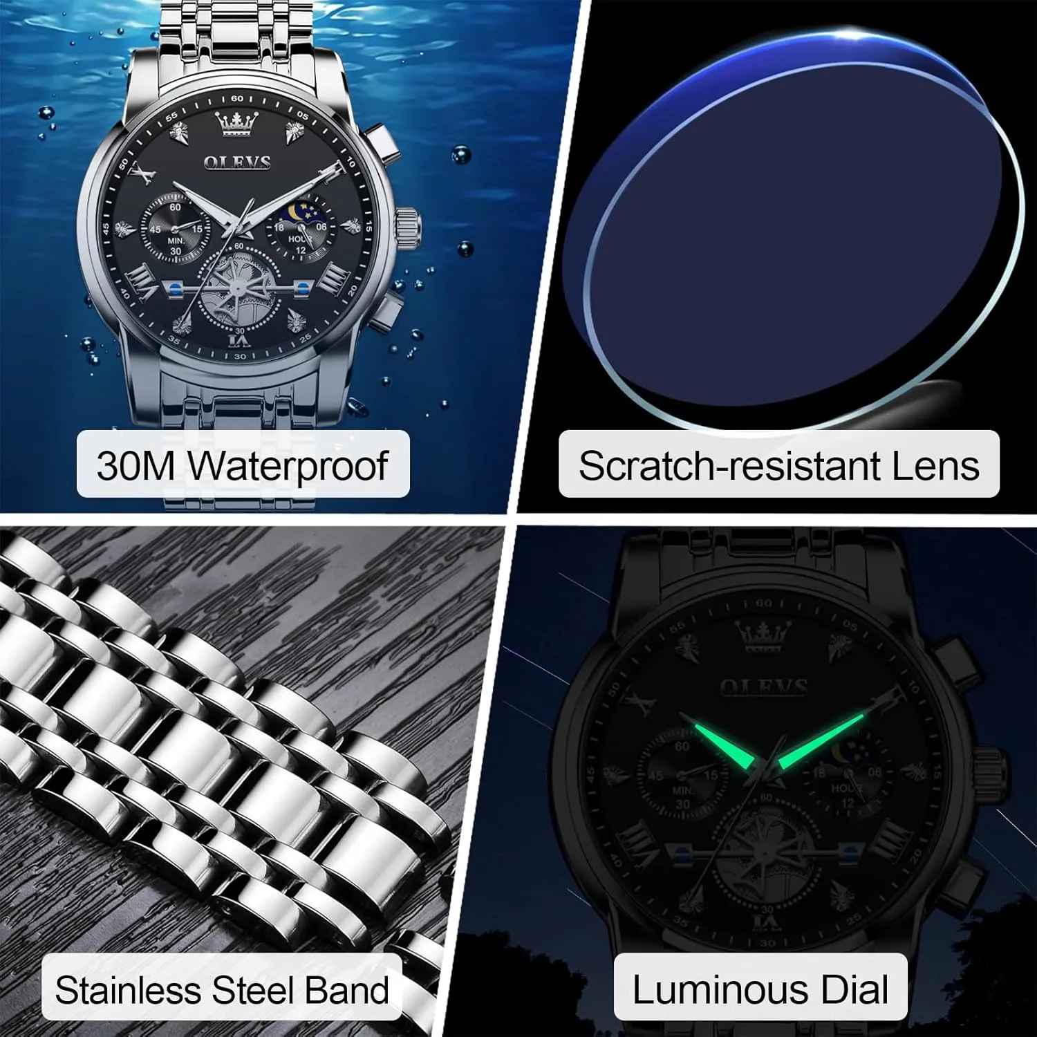OLEVS Men's Stainless Steel Chronograph Watch, Large Face Easy to Read Roman Numerals Diamond Accented Analog Dress Watches for Men, Elegant Waterproof Luminous Male Quartz Wristwatch