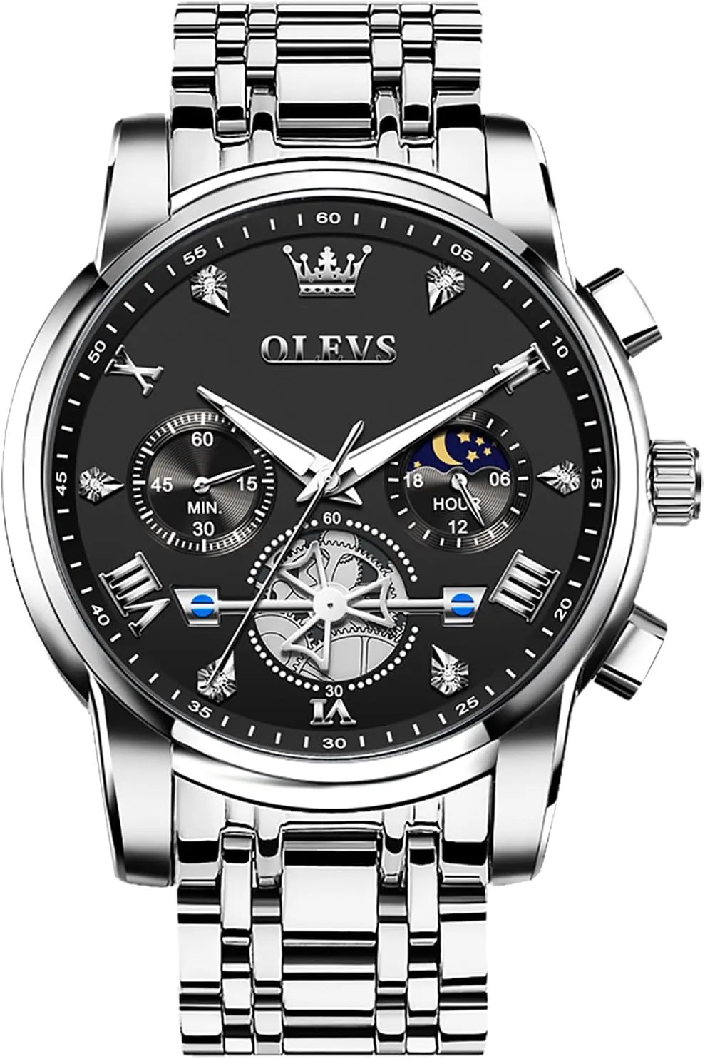 OLEVS Men's Stainless Steel Chronograph Watch, Large Face Easy to Read Roman Numerals Diamond Accented Analog Dress Watches for Men, Elegant Waterproof Luminous Male Quartz Wristwatch