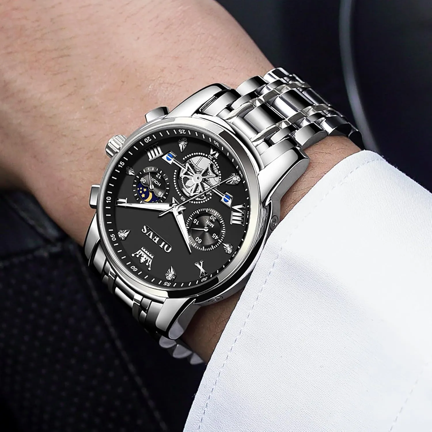 OLEVS Men's Stainless Steel Chronograph Watch, Large Face Easy to Read Roman Numerals Diamond Accented Analog Dress Watches for Men, Elegant Waterproof Luminous Male Quartz Wristwatch