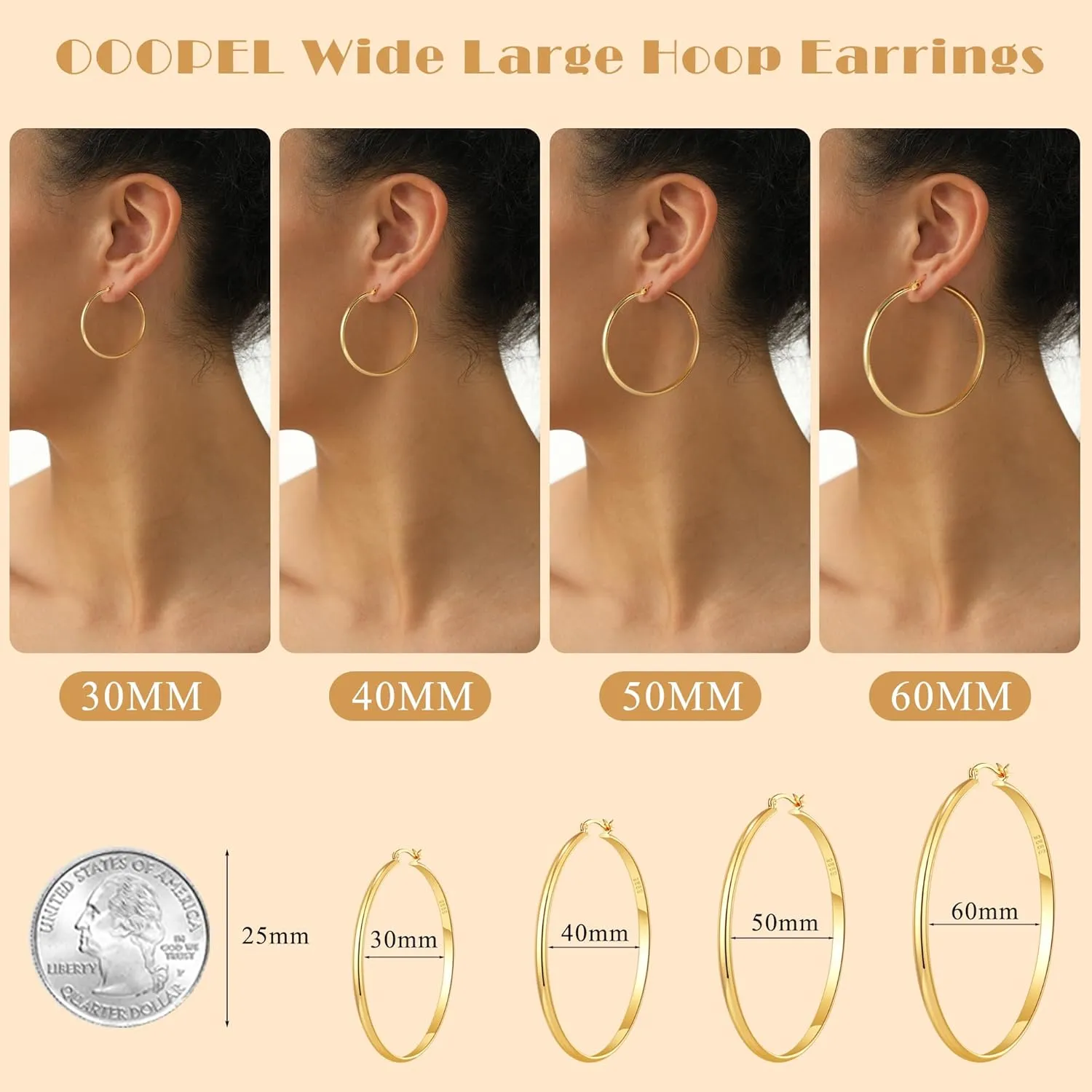 OOOPEL 3mm Wide Large Hoop Earrings for Women Hypoallergenic 925 Sterling Silver Post Gold Earrings Lightweight Silver Hoop Earrings Oversize Big Gold Hoops 20/30/40/50/60/70MM