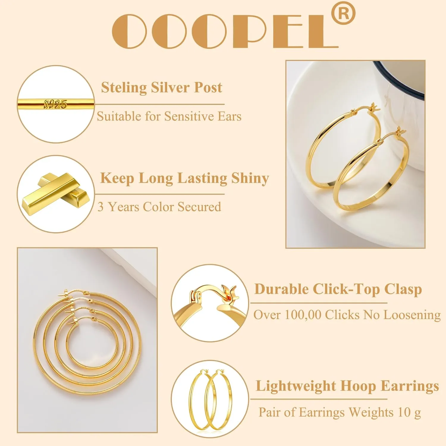 OOOPEL 3mm Wide Large Hoop Earrings for Women Hypoallergenic 925 Sterling Silver Post Gold Earrings Lightweight Silver Hoop Earrings Oversize Big Gold Hoops 20/30/40/50/60/70MM
