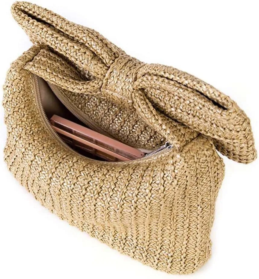 Orgone Straw Bow Purse, Summer Woven Beach Clutch Bag for Women, Straw Handbags for Formal Party Wedding for Mom
