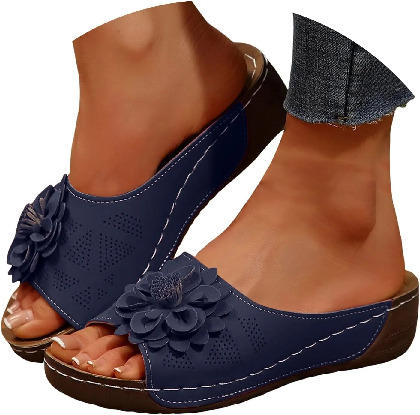 Orthopedic Sandals for Women 2025 New Chic Flower Orthotic Sandal Arch Support Boho Beach Slides Fish Mouth Open Toe Wedge Platform Comfortable Low Heel Hollow Out Slippers for Dressy Casual Wear