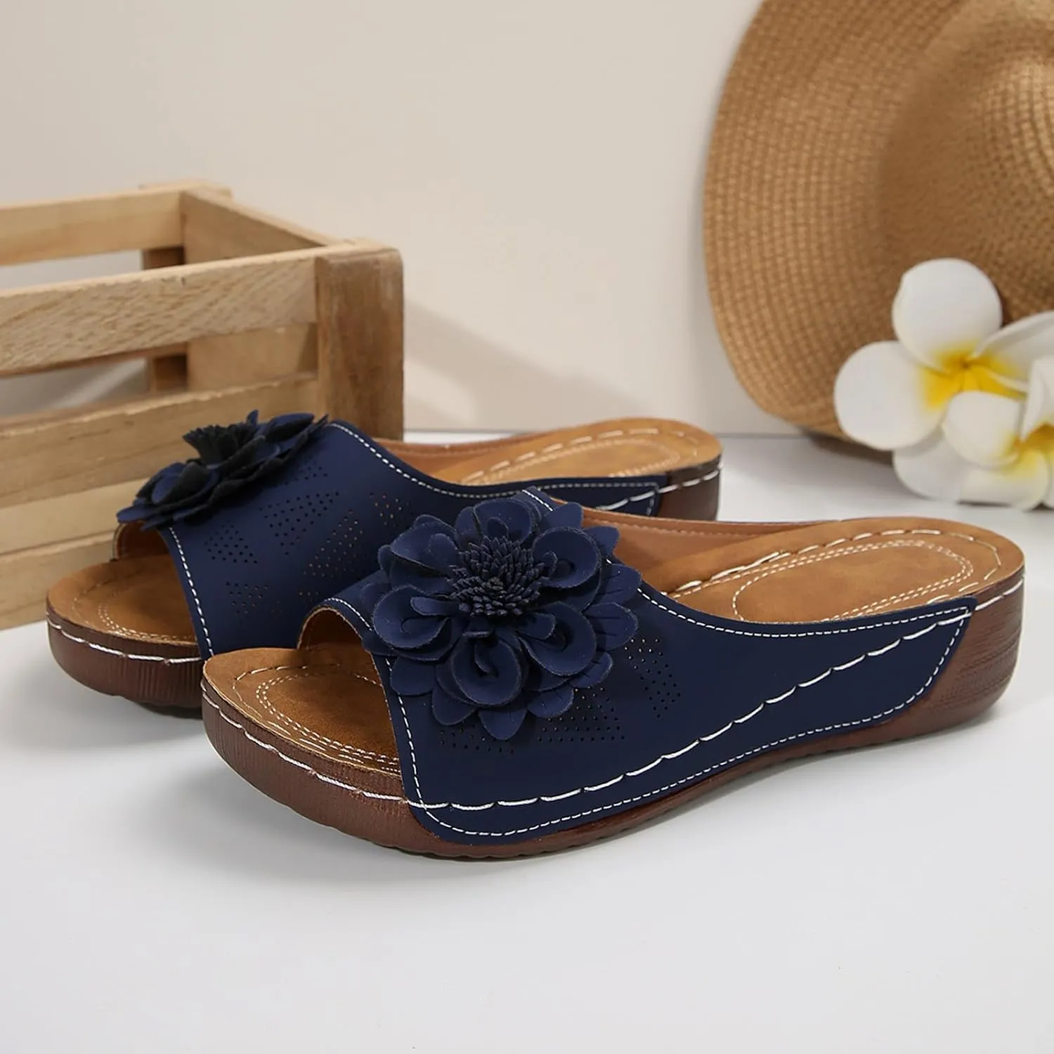 Orthopedic Sandals for Women 2025 New Chic Flower Orthotic Sandal Arch Support Boho Beach Slides Fish Mouth Open Toe Wedge Platform Comfortable Low Heel Hollow Out Slippers for Dressy Casual Wear
