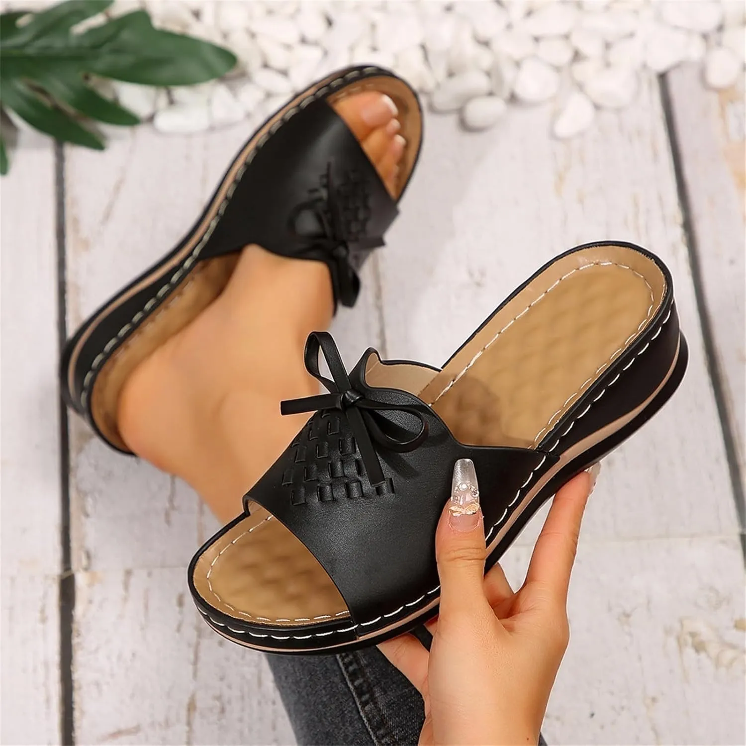 Orthopedic Sandals for Women Arch Support Open Toe Sandals Bow Decoration Anti Slip Slippers Dressy Summer Shoes for Walking Beach Footwear Low Platform Wedge Slingback Sandal