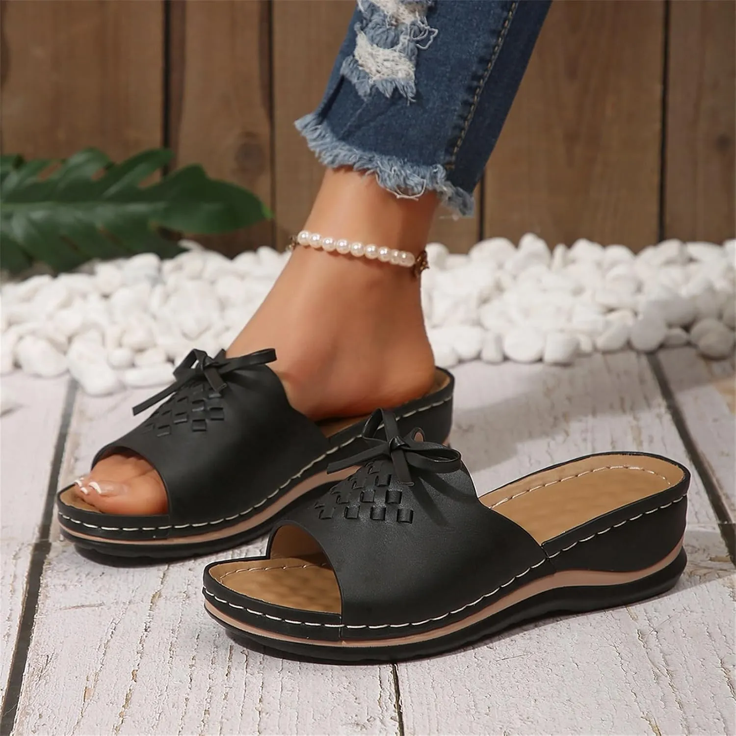 Orthopedic Sandals for Women Arch Support Open Toe Sandals Bow Decoration Anti Slip Slippers Dressy Summer Shoes for Walking Beach Footwear Low Platform Wedge Slingback Sandal