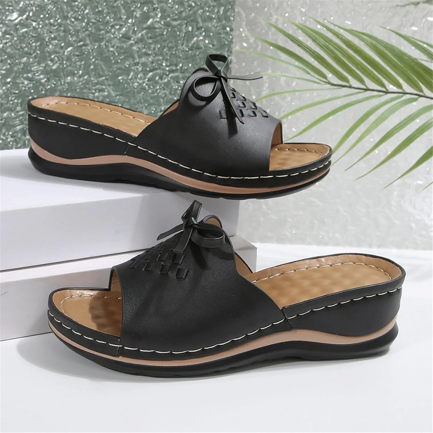 Orthopedic Sandals for Women Arch Support Open Toe Sandals Bow Decoration Anti Slip Slippers Dressy Summer Shoes for Walking Beach Footwear Low Platform Wedge Slingback Sandal
