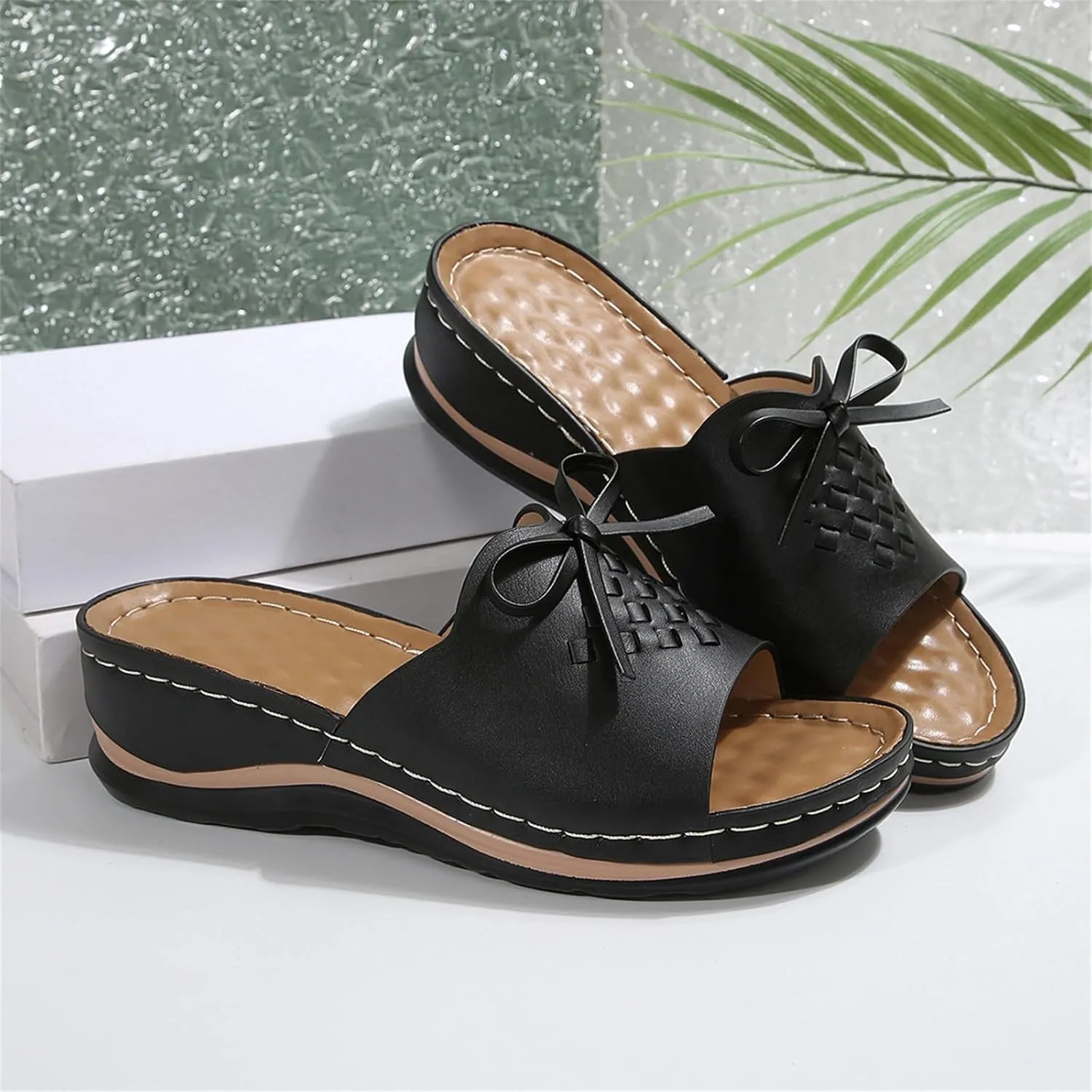 Orthopedic Sandals for Women Arch Support Open Toe Sandals Bow Decoration Anti Slip Slippers Dressy Summer Shoes for Walking Beach Footwear Low Platform Wedge Slingback Sandal