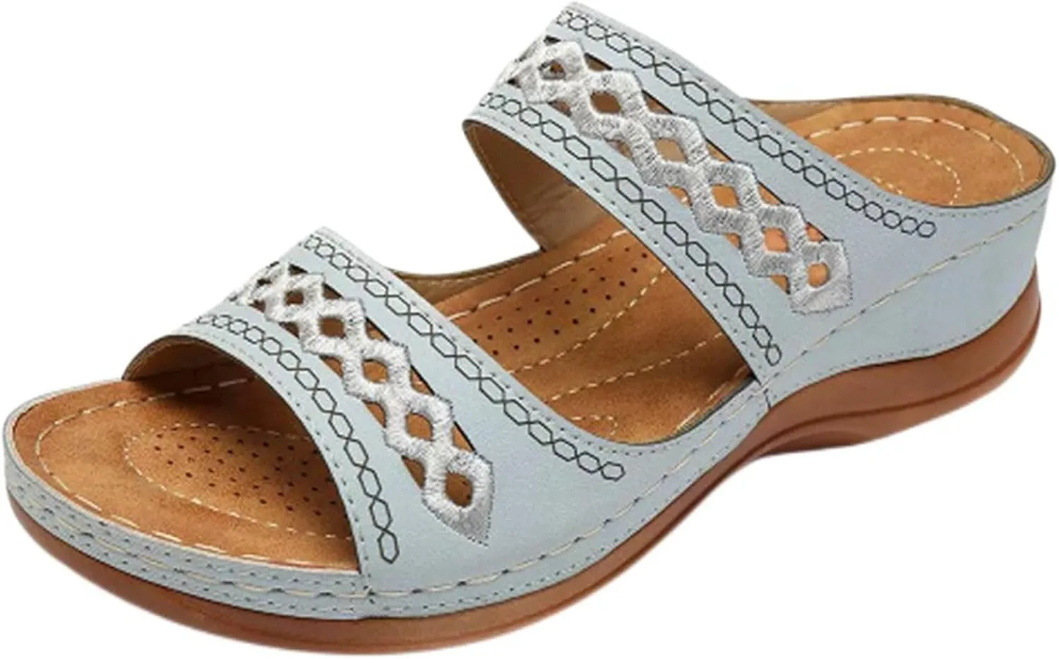 Orthopedic Sandals for Women Arch Support Walking Sandals Slip On Wide Width Open Toe Comfortable Orthotic Slippers Embroidered Casual Wedge Slipper Hollow Out Breathable Lightweight Beach Sandals