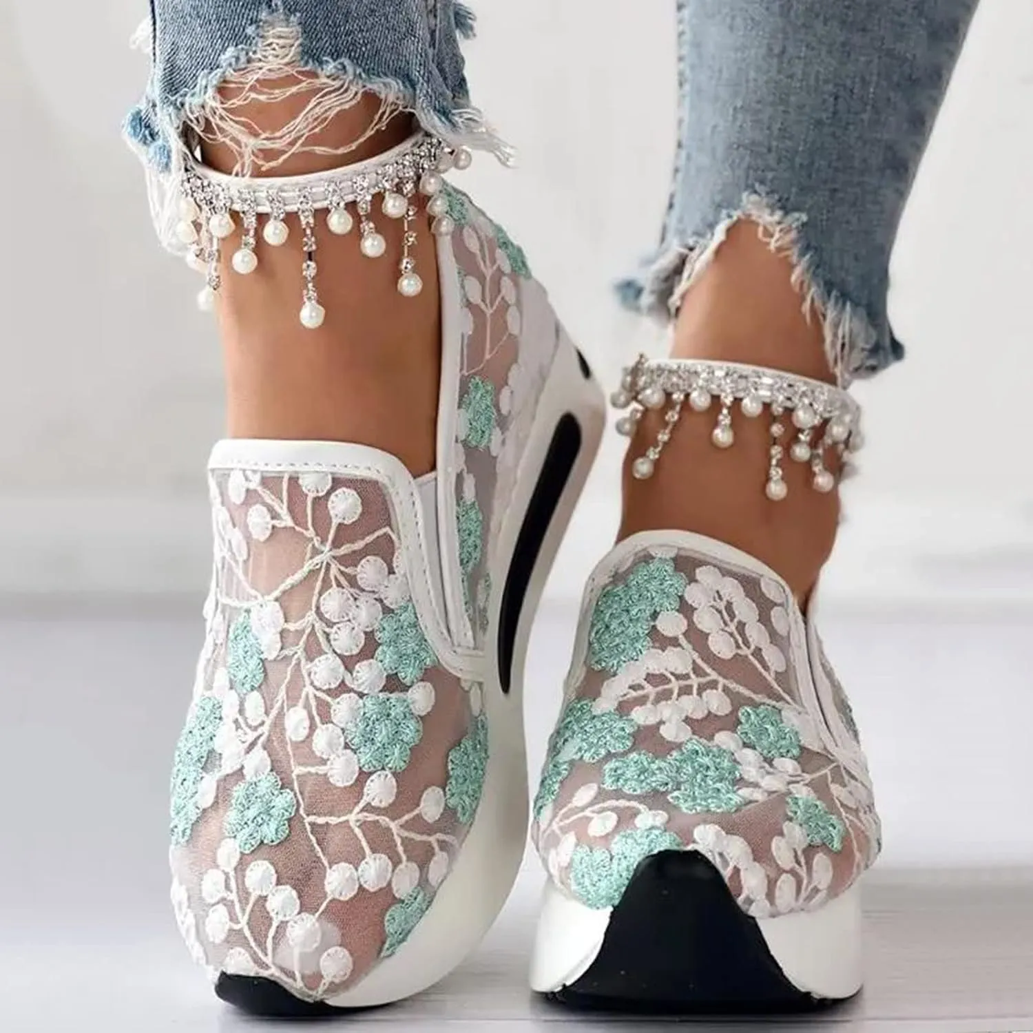 Orthopedic Shoes for Women 2025 Platform Wedge Sneakers Fashion Embroidery Floral Mesh Comfort Chunky Sole Slip On Loafers Breathable Arch Support Walking Shoe