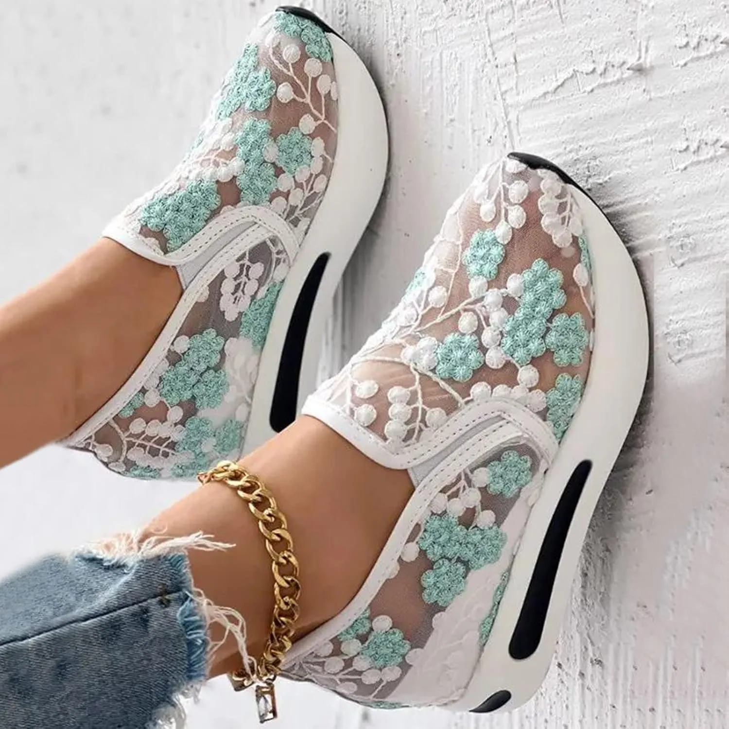 Orthopedic Shoes for Women 2025 Platform Wedge Sneakers Fashion Embroidery Floral Mesh Comfort Chunky Sole Slip On Loafers Breathable Arch Support Walking Shoe