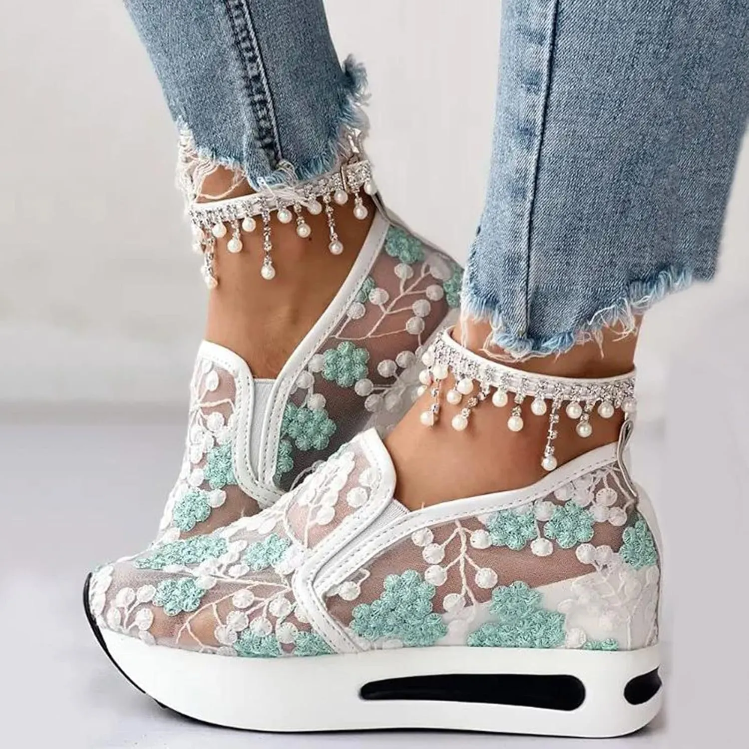 Orthopedic Shoes for Women 2025 Platform Wedge Sneakers Fashion Embroidery Floral Mesh Comfort Chunky Sole Slip On Loafers Breathable Arch Support Walking Shoe