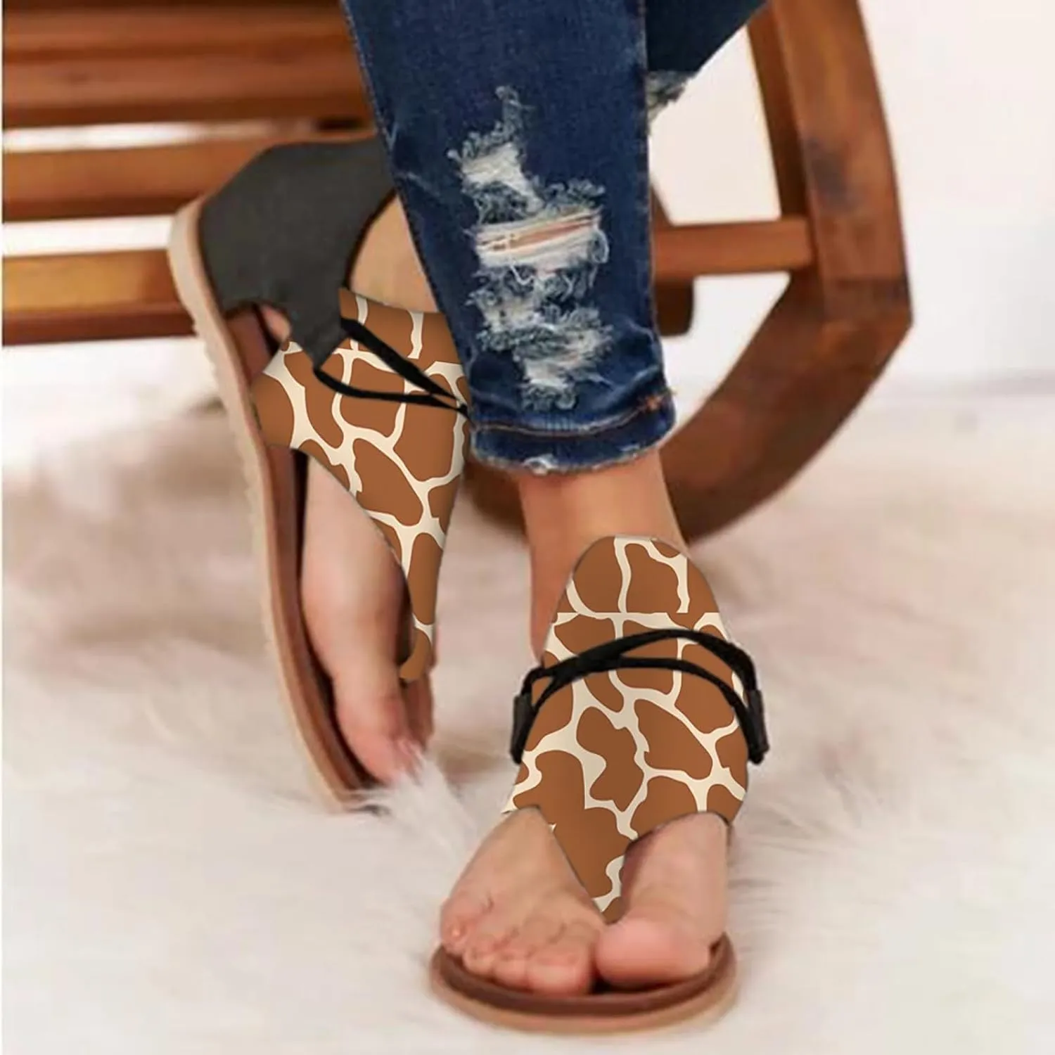 Orthopedic Wedge Sandals For Women Sandals For Women Summer Fashion Print Flat Shoes Retro Flip Gold Sandals For Women