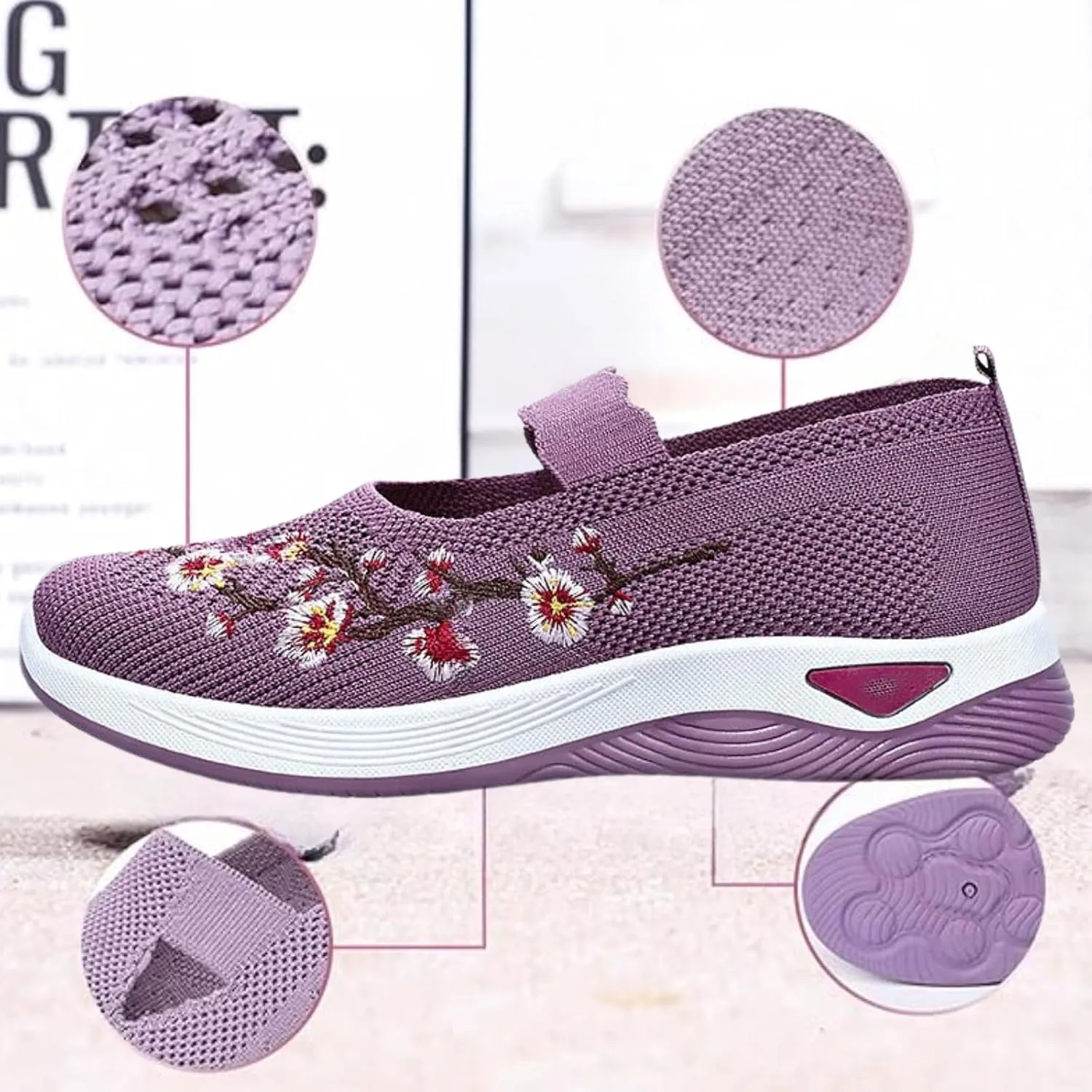 Orthowalkway Womens Shoes Comfort Wear Orthopedic Walking Shoes for Women Mesh Breathable Slip-On Knitted Lightweight Flat Sneakers Embroidered Flower Walking Sports Shoes