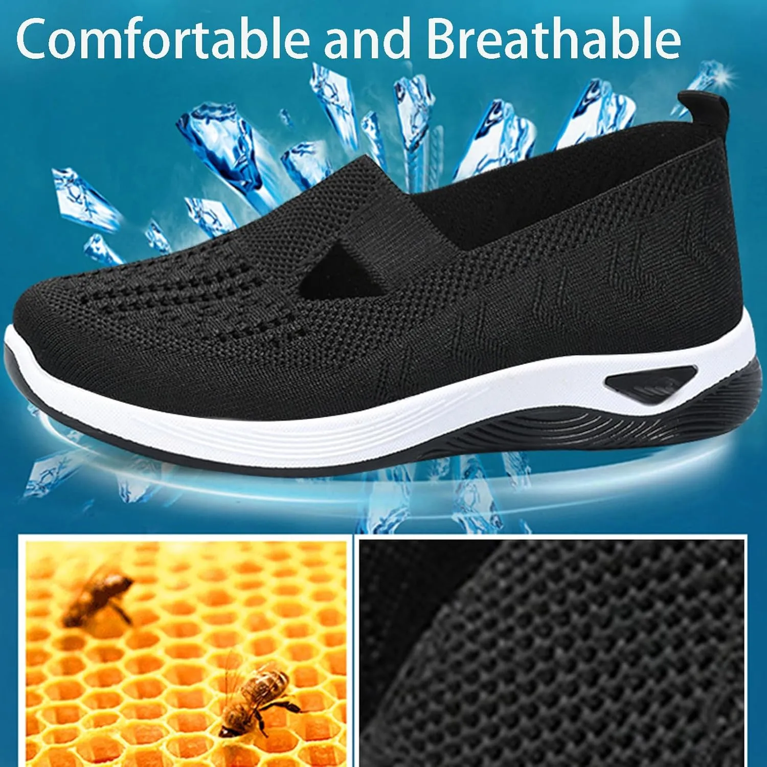 Orthowalkway Womens Shoes Comfort Wear Orthopedic Walking Shoes for Women Mesh Breathable Slip-On Knitted Lightweight Flat Sneakers Embroidered Flower Walking Sports Shoes