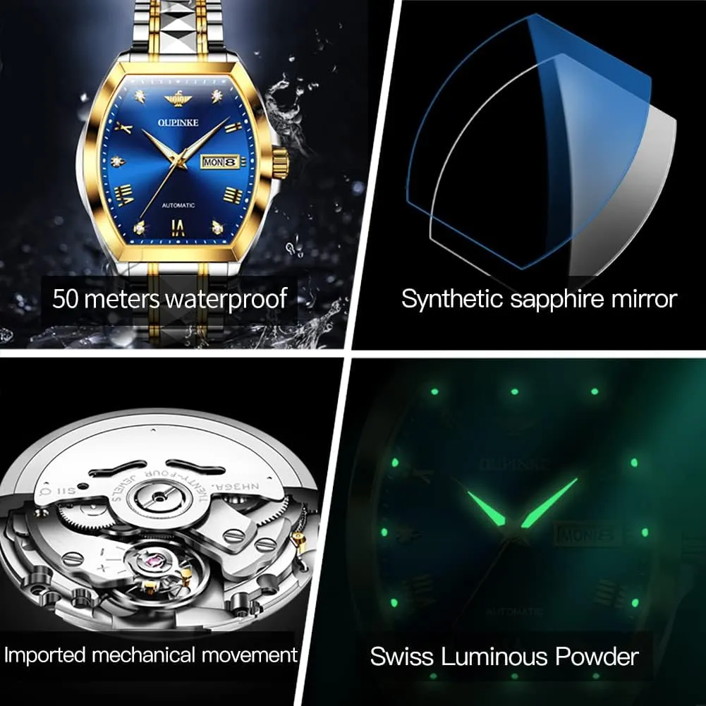 OUPINKE Mens Automatic Wrist Watch Luxury Diamond Self Winding Mechanical Waterproof Sapphire Crystal Date Watch