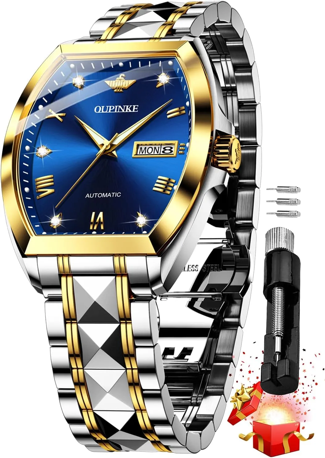 OUPINKE Mens Automatic Wrist Watch Luxury Diamond Self Winding Mechanical Waterproof Sapphire Crystal Date Watch