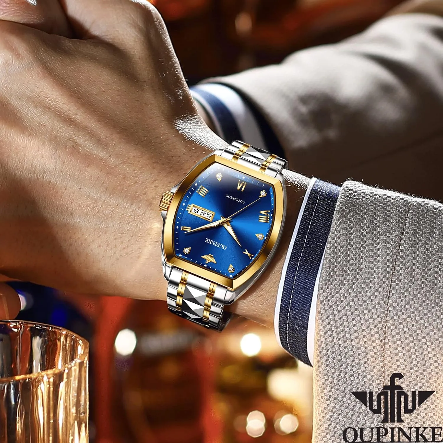 OUPINKE Mens Automatic Wrist Watch Luxury Diamond Self Winding Mechanical Waterproof Sapphire Crystal Date Watch