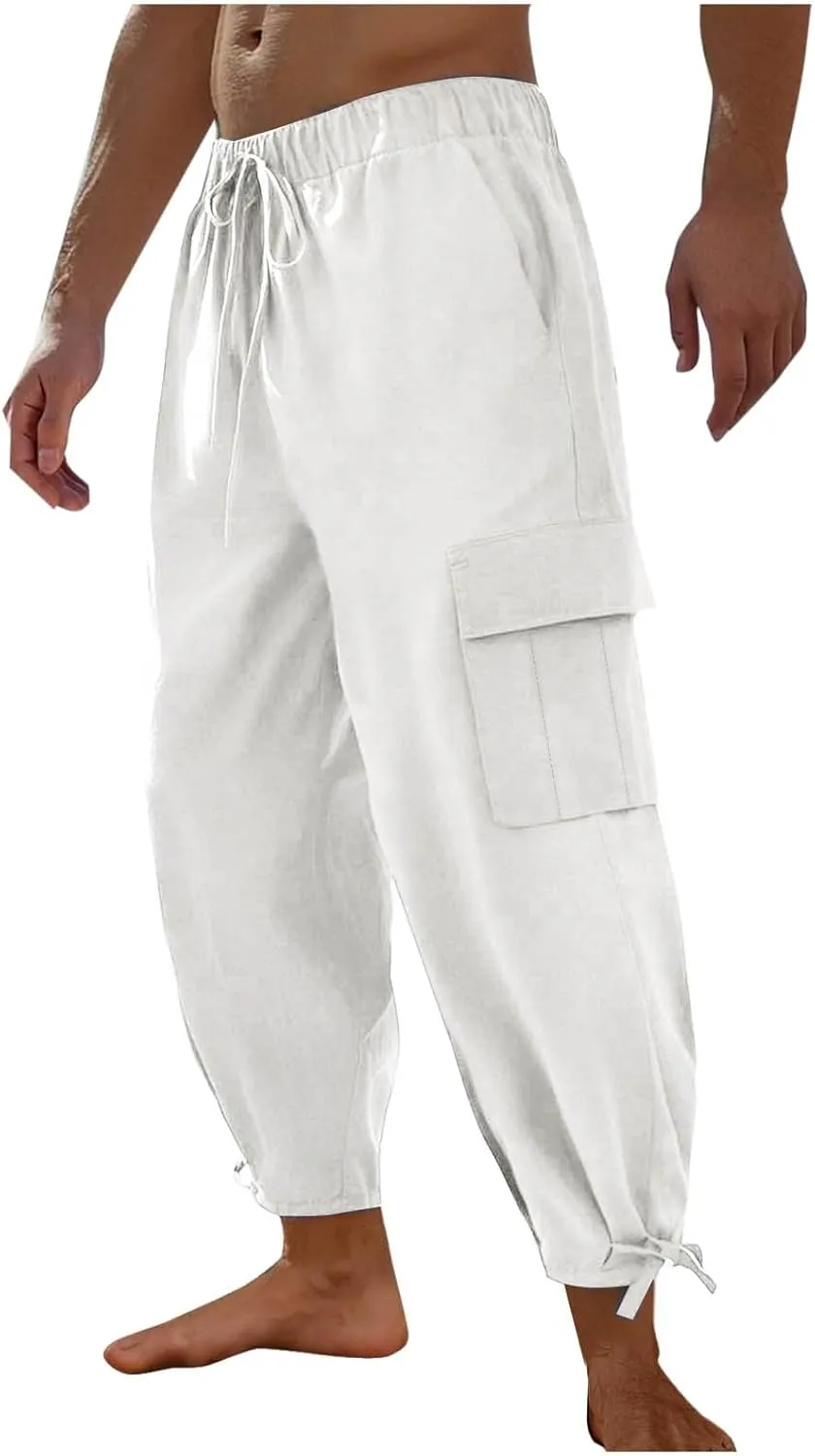 Pants for Men Loose Fit Lightweight Basic Elastic Waist Drawstring Trousers Casual Trendy Summer Linen Hiking Outfits