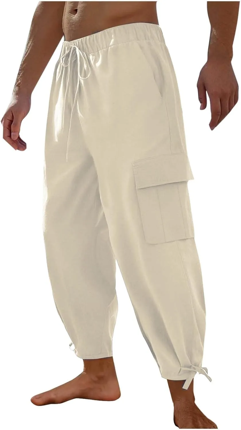 Pants for Men Loose Fit Lightweight Basic Elastic Waist Drawstring Trousers Casual Trendy Summer Linen Hiking Outfits