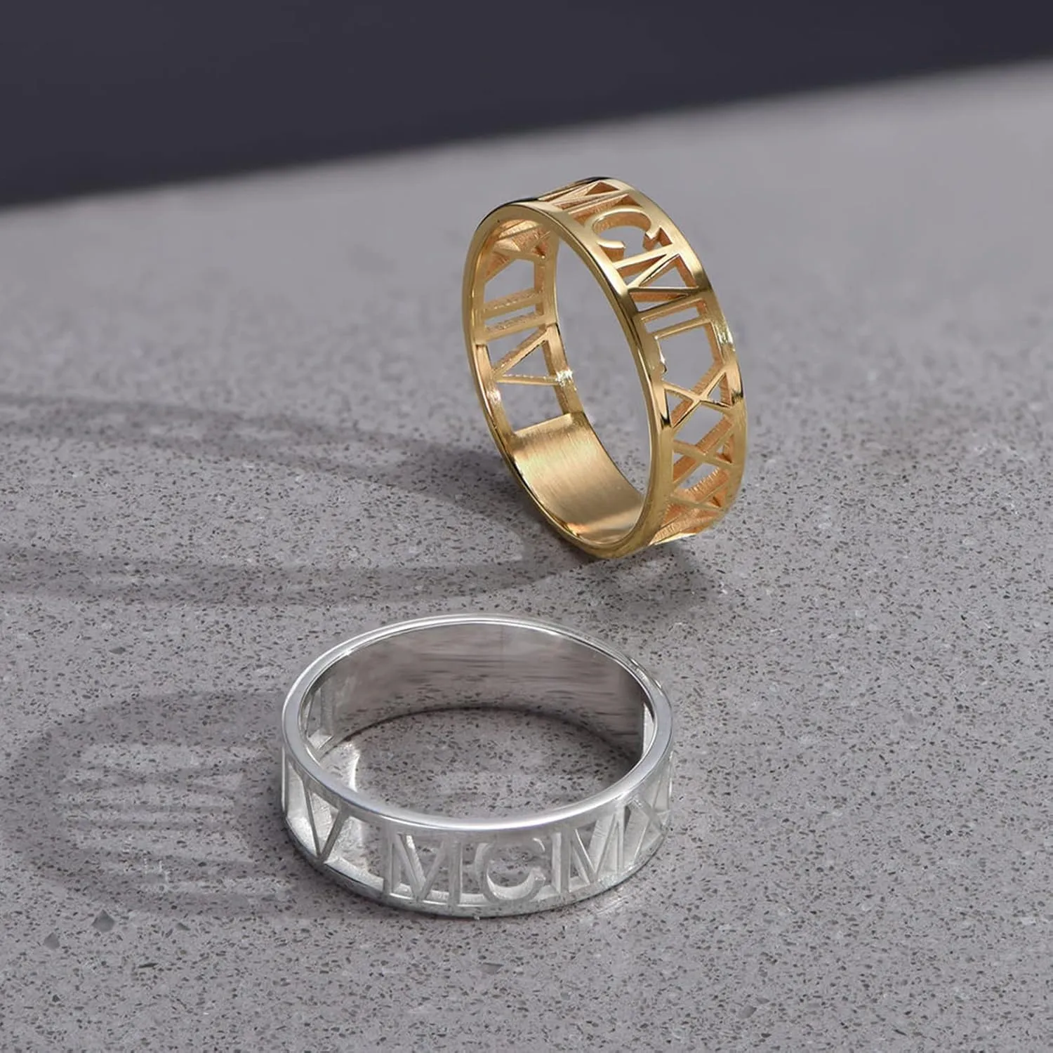 PEIMKO Personalized Cutout Roman Numeral Band Ring, Wedding Date Ring, Custom Made With Any Date/Name Size 4-15