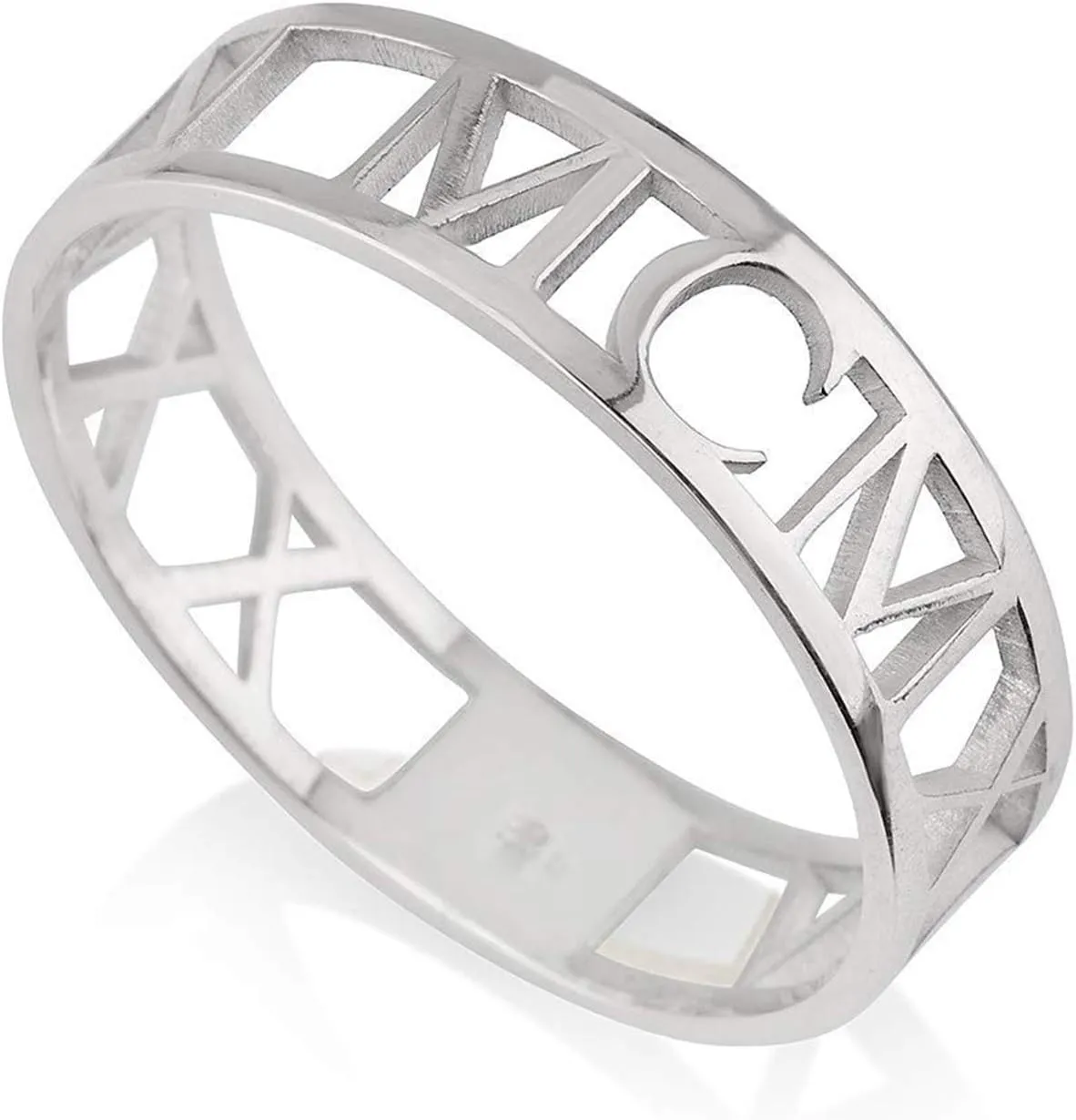 PEIMKO Personalized Cutout Roman Numeral Band Ring, Wedding Date Ring, Custom Made With Any Date/Name Size 4-15