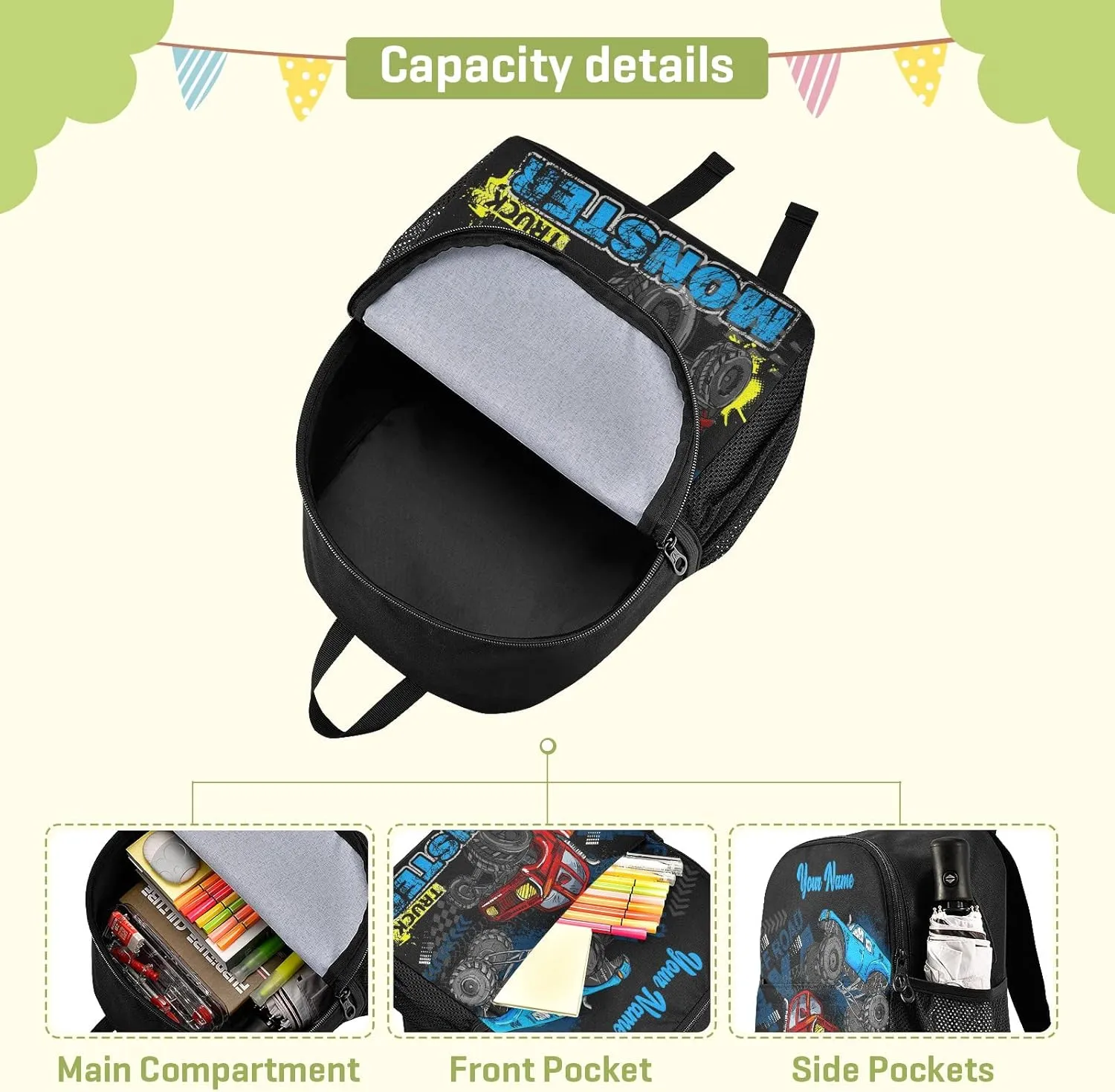 Personalized Monster Truck Kids Backpacks for Boys Preschool Backpack Light School Travel Backpacks with Name