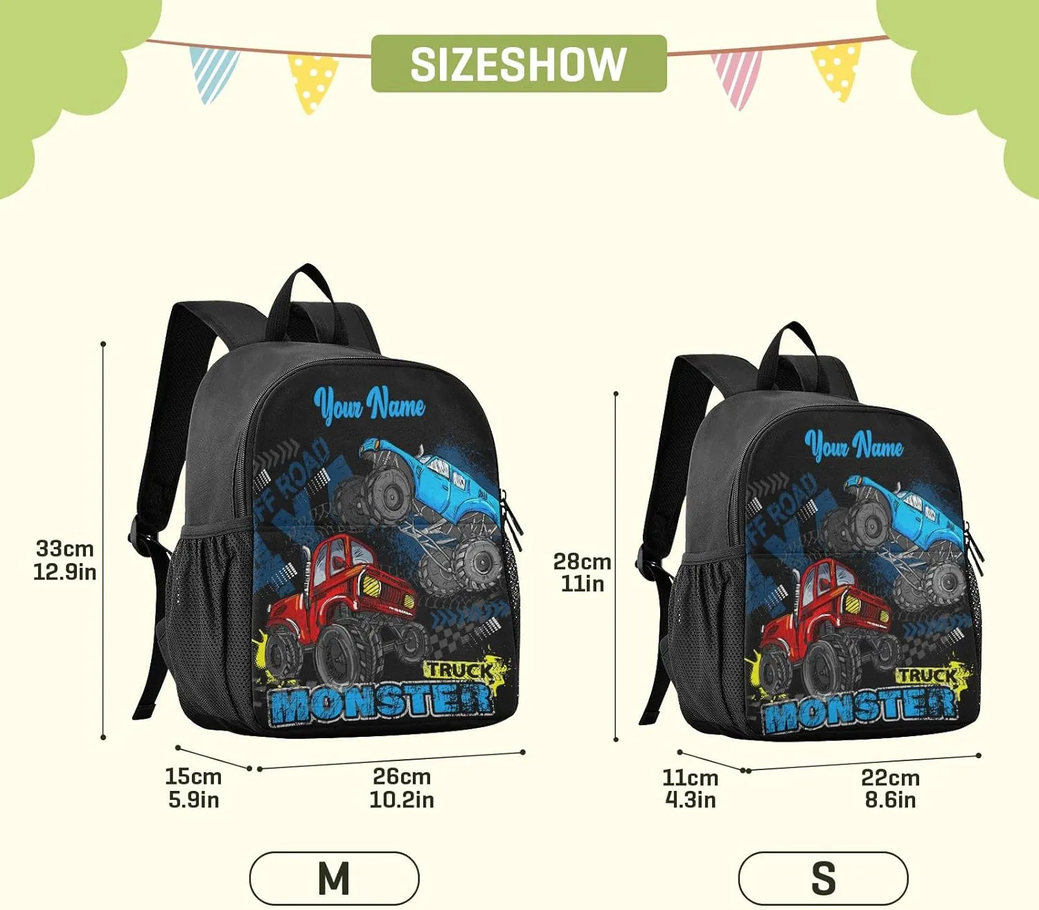 Personalized Monster Truck Kids Backpacks for Boys Preschool Backpack Light School Travel Backpacks with Name
