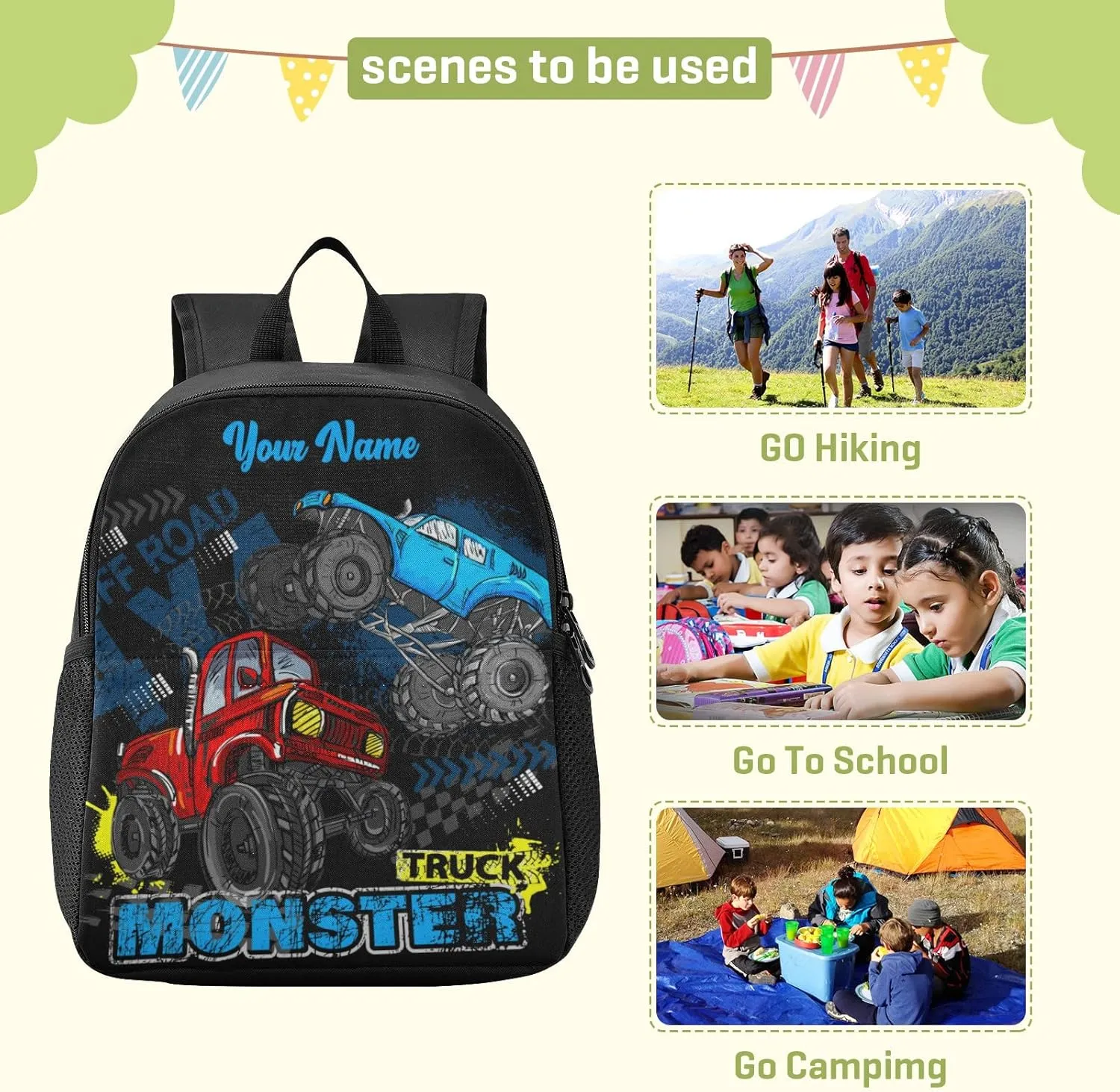 Personalized Monster Truck Kids Backpacks for Boys Preschool Backpack Light School Travel Backpacks with Name