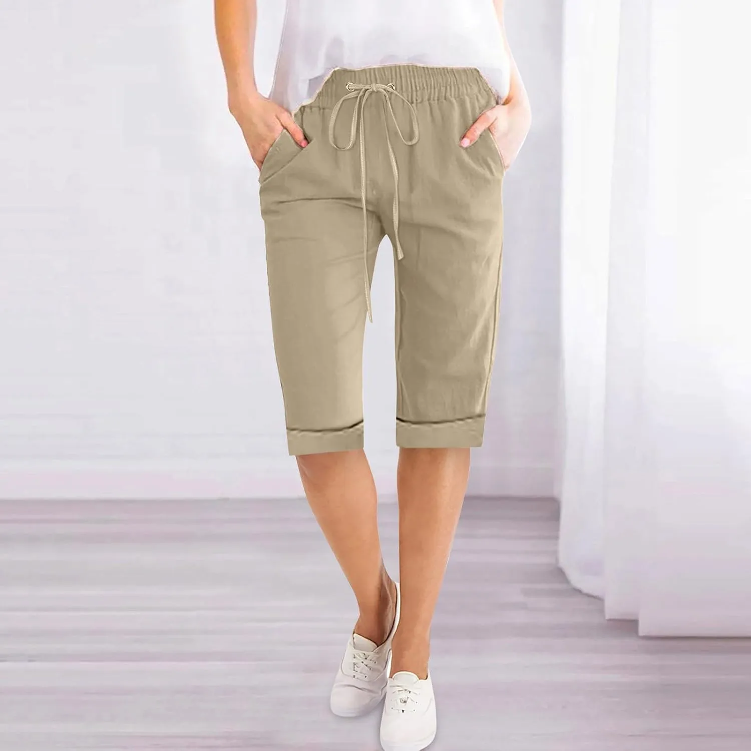 Petite to Bermuda Shorts for Women Knee Length Cotton Linen Shorts Casual Summer Baggy Dressy Shorts with Pockets
