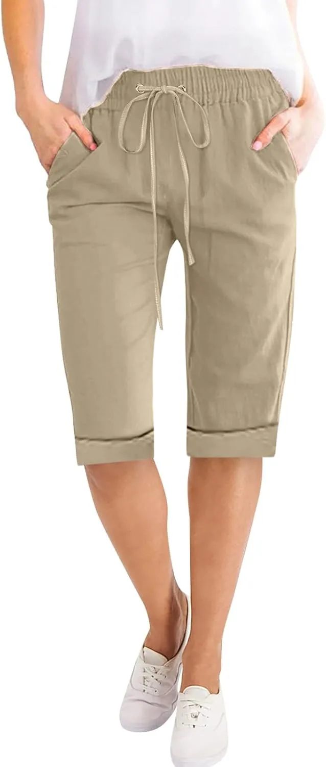 Petite to Bermuda Shorts for Women Knee Length Cotton Linen Shorts Casual Summer Baggy Dressy Shorts with Pockets