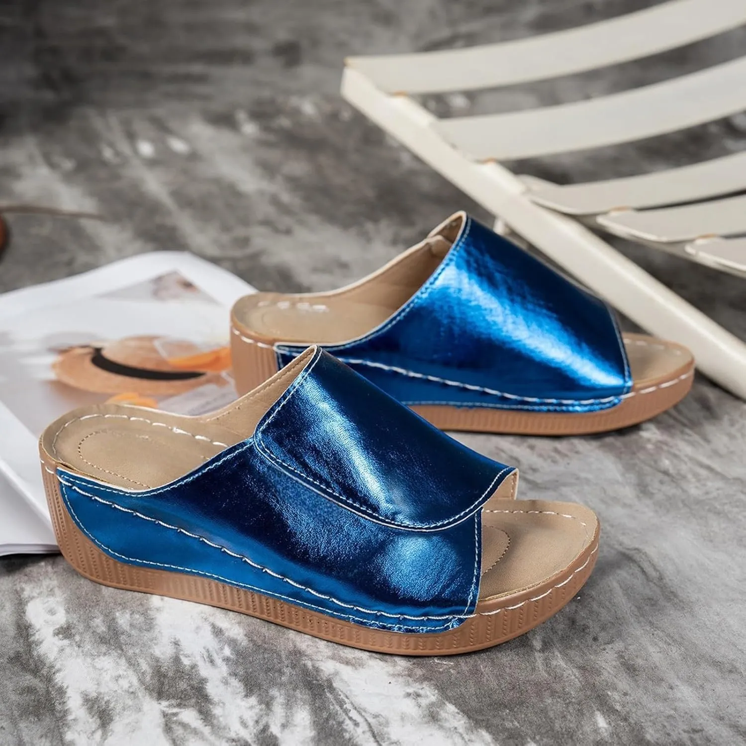 Platform Sandals for Women 2025 Leather Fish Mouth Orthopedic Slippers, Summer Comfortable Wide Width Flat Sandals Lightweight Slip On Walking Shoes Casual Beach Slides
