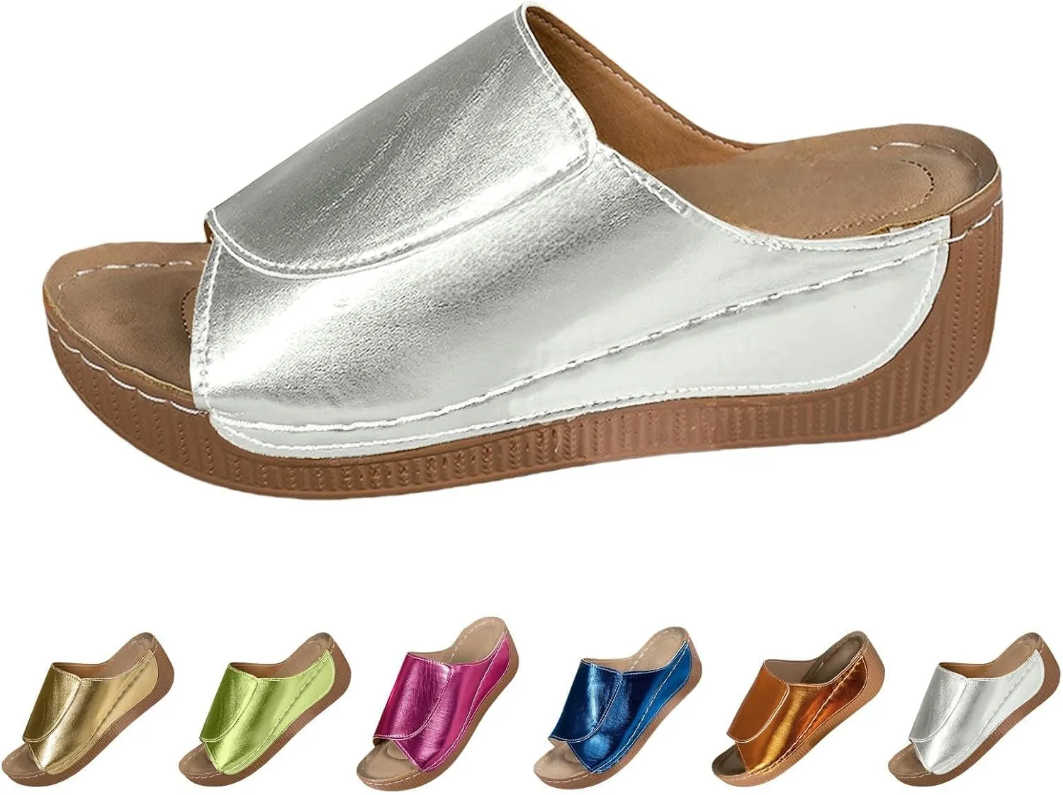 Platform Sandals for Women 2025 Leather Fish Mouth Orthopedic Slippers, Summer Comfortable Wide Width Flat Sandals Lightweight Slip On Walking Shoes Casual Beach Slides