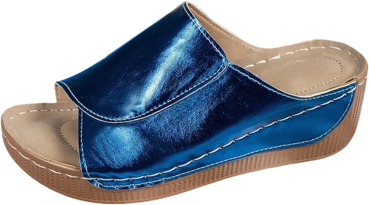Platform Sandals for Women 2025 Leather Fish Mouth Orthopedic Slippers, Summer Comfortable Wide Width Flat Sandals Lightweight Slip On Walking Shoes Casual Beach Slides