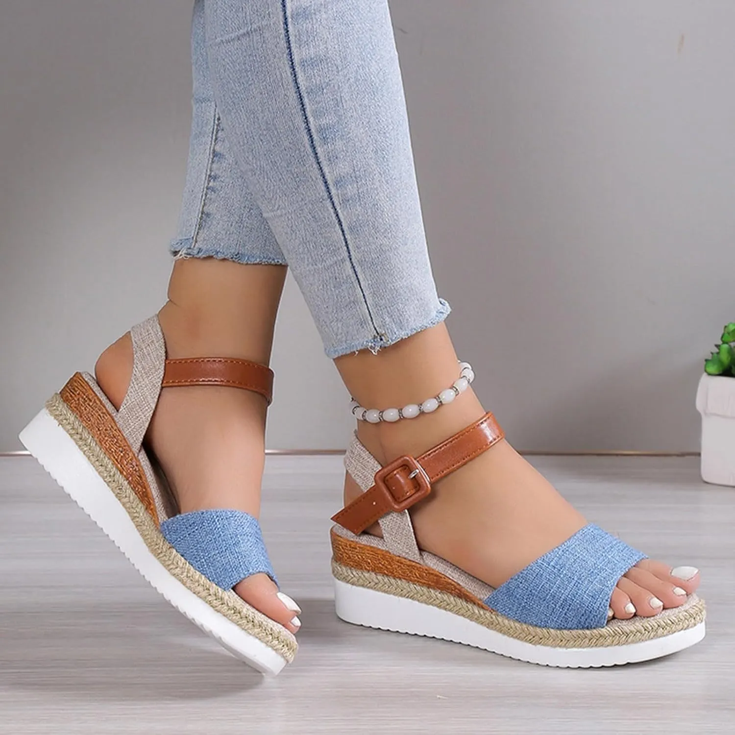 Platform Sandals Women Slip On Espadrille Wedges with Ankle Strap Open Toe Beach Shoes Outdoor Walking Dress Heels