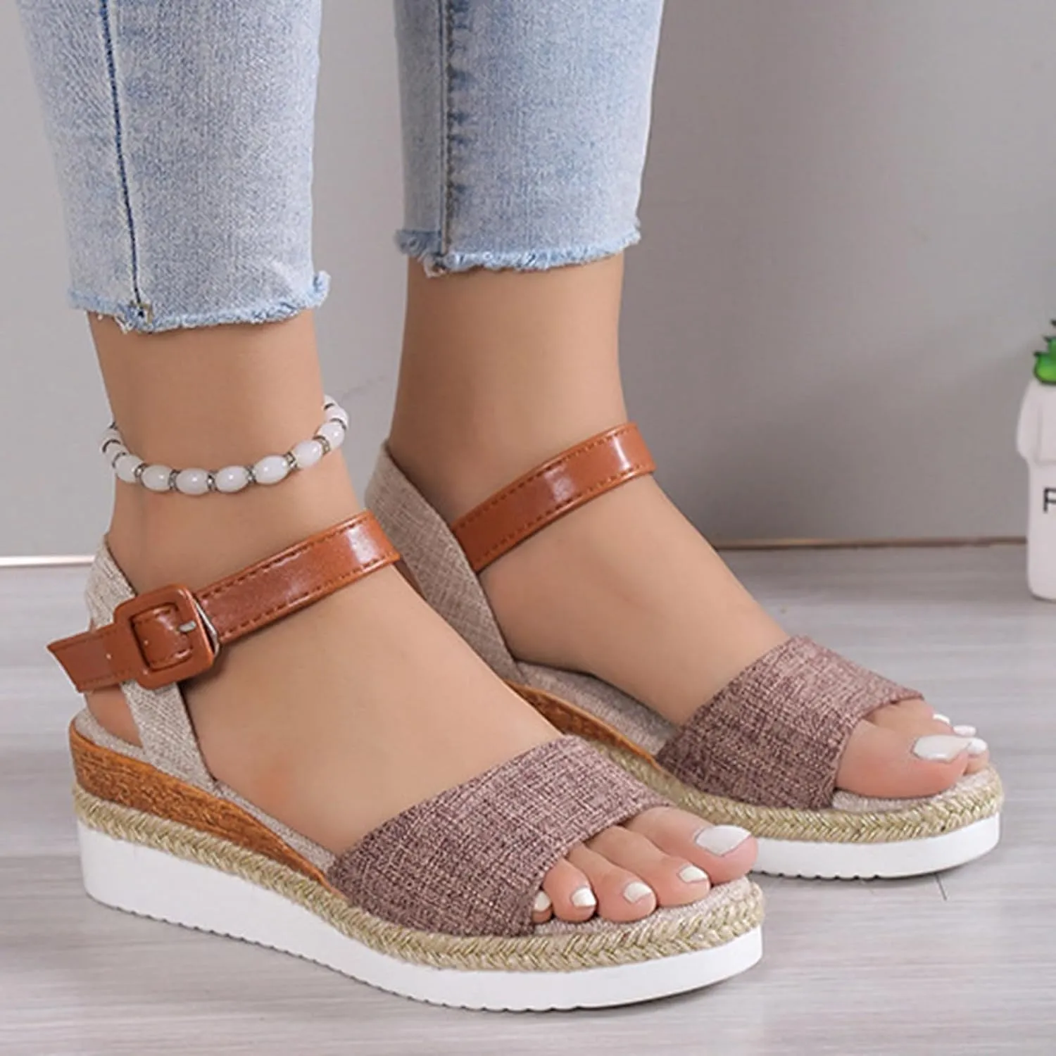 Platform Sandals Women Slip On Espadrille Wedges with Ankle Strap Open Toe Beach Shoes Outdoor Walking Dress Heels