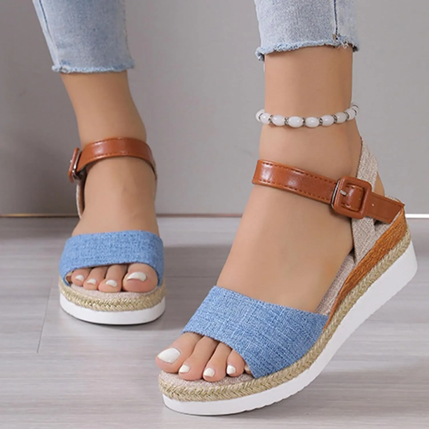 Platform Sandals Women Slip On Espadrille Wedges with Ankle Strap Open Toe Beach Shoes Outdoor Walking Dress Heels