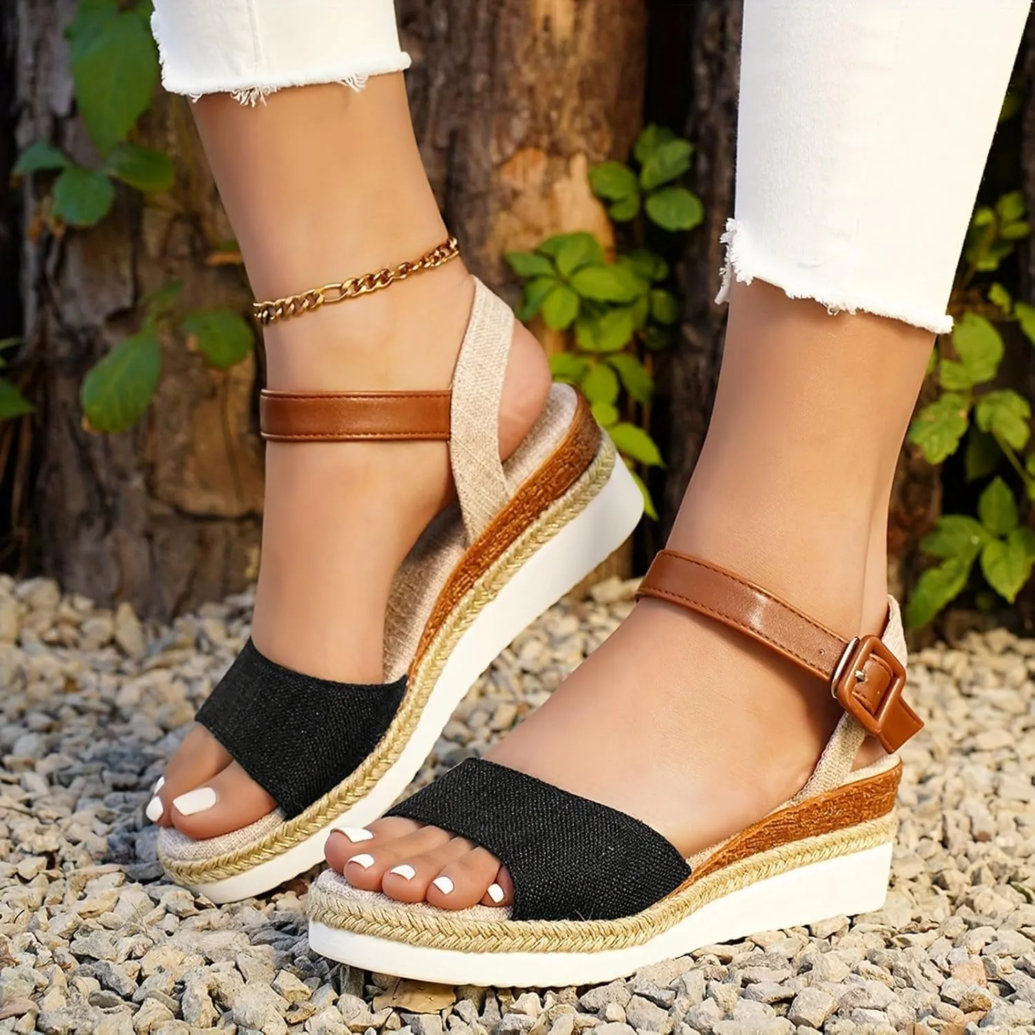 Platform Sandals Women Slip On Espadrille Wedges with Ankle Strap Open Toe Beach Shoes Outdoor Walking Dress Heels