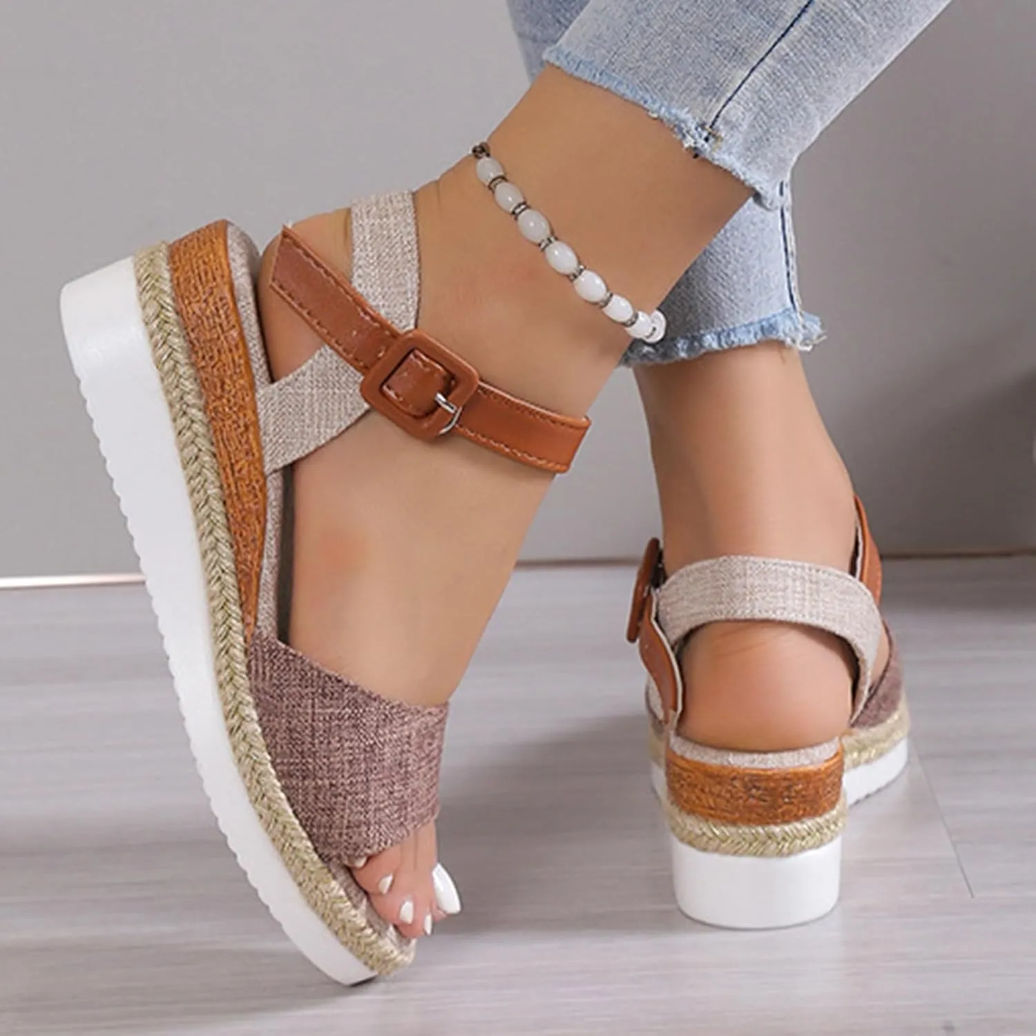 Platform Sandals Women Slip On Espadrille Wedges with Ankle Strap Open Toe Beach Shoes Outdoor Walking Dress Heels